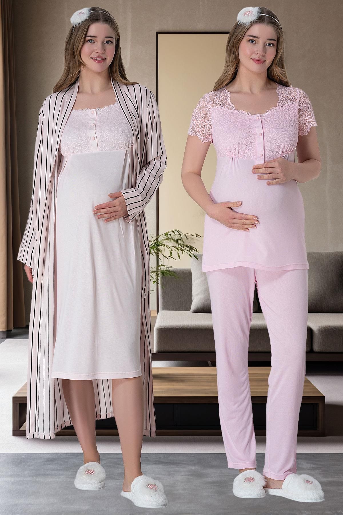 EM&FA TEKSTİL 6063 Pembe Çizgili Uzun Sabahlıklı Gecelik Pijama Lohusa Set