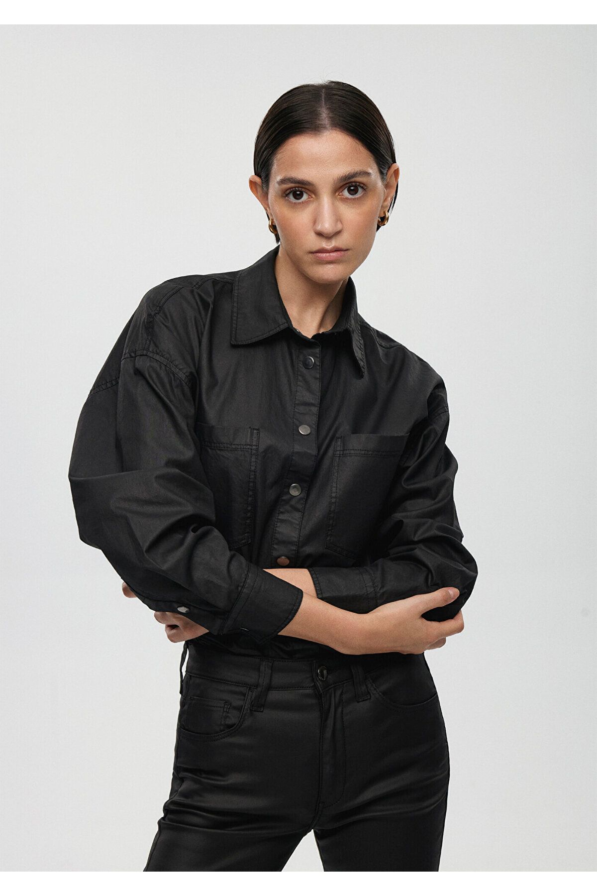 Mavi-Faux Leather Oversize Black Shirt Oversize / Wide Cut 1211049 -900 2