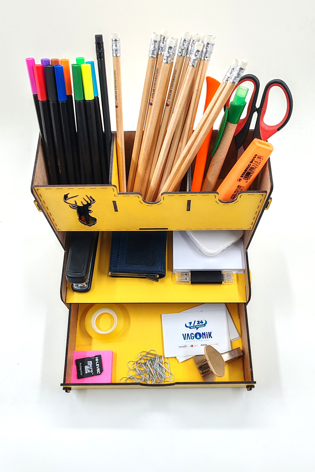 Vagonik-Desktop Pen Holder Organizer with Wooden Deer Pattern Drawers 5