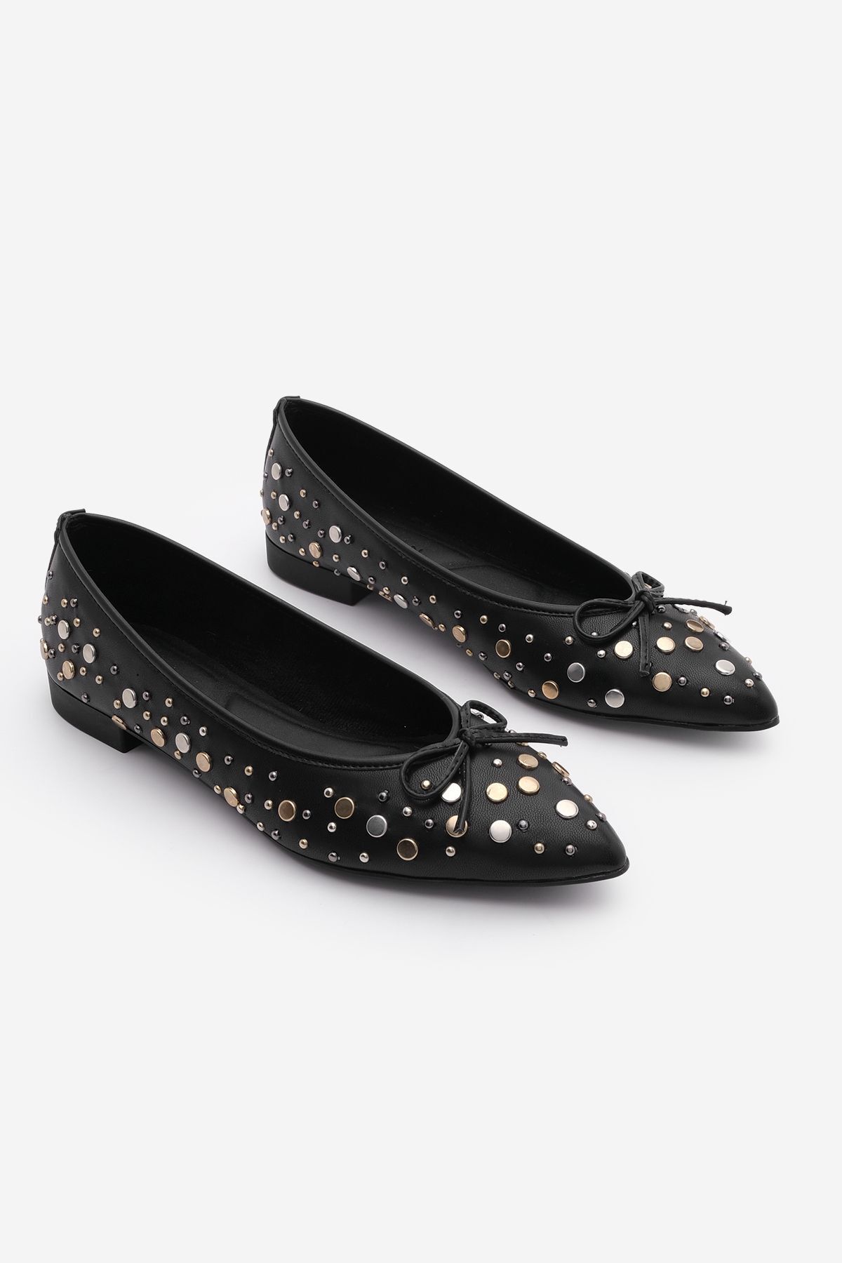 Marjin-Black Pointed Toe Studded Bow Casual Ballerinas 6