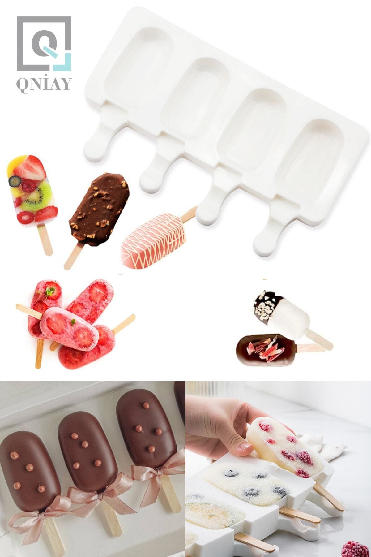 QNİAY-Magnum Model Silicone Ice Cream Mold - 4 Pieces and 50 Wooden Sticks Gift 5