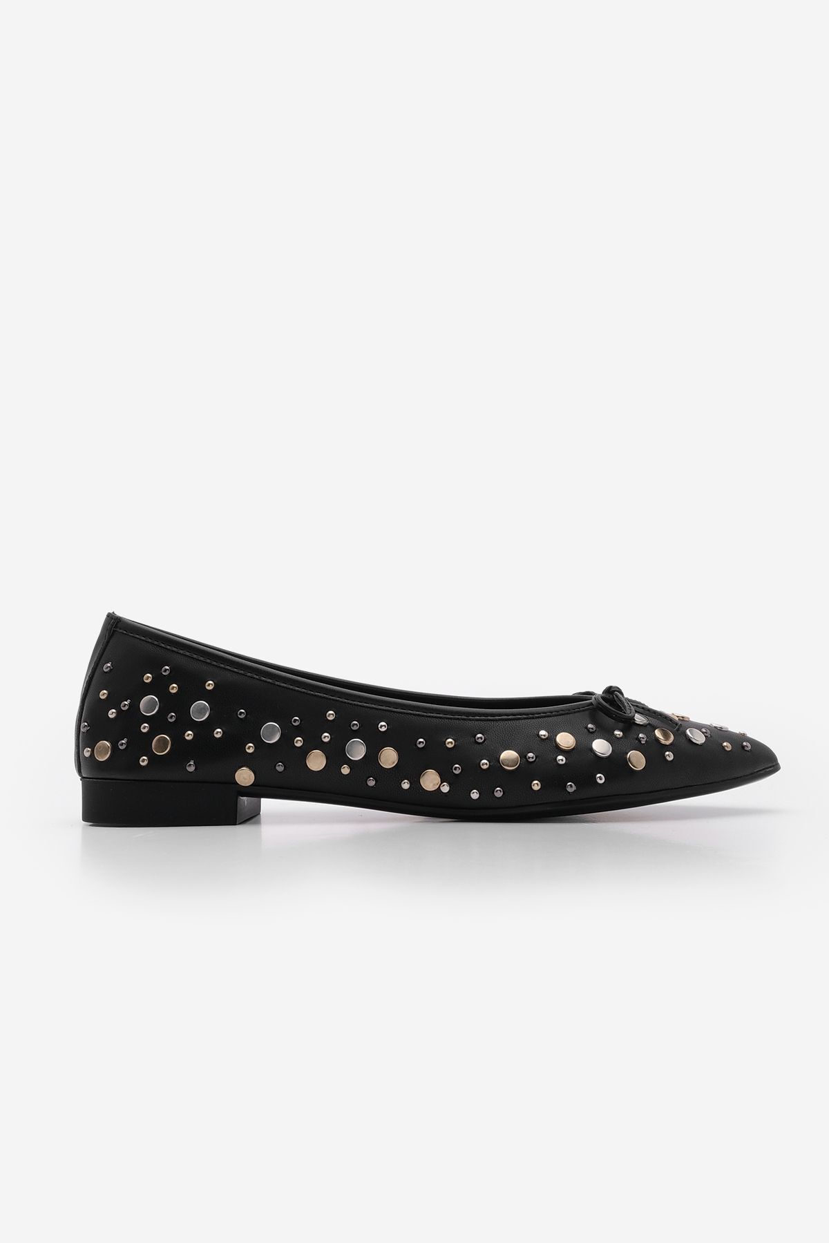 Marjin-Black Pointed Toe Studded Bow Casual Ballerinas 3