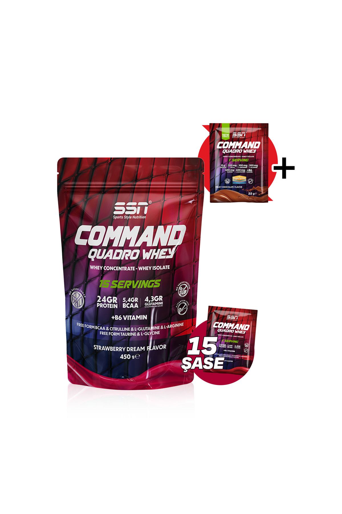 SSN Sports Style Nutrition-Command Quadro Whey - 450 Gr 15 Chassis Doypack, 30 Gr Strawberry Protein Powder 1