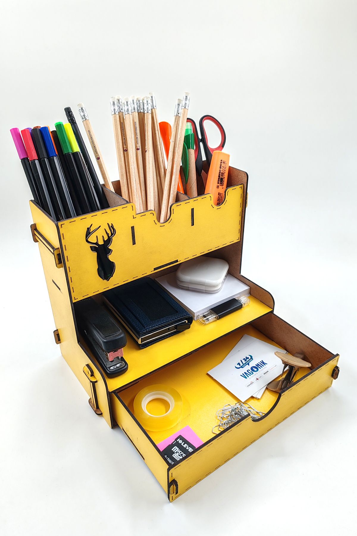 Vagonik-Desktop Pen Holder Organizer with Wooden Deer Pattern Drawers 4