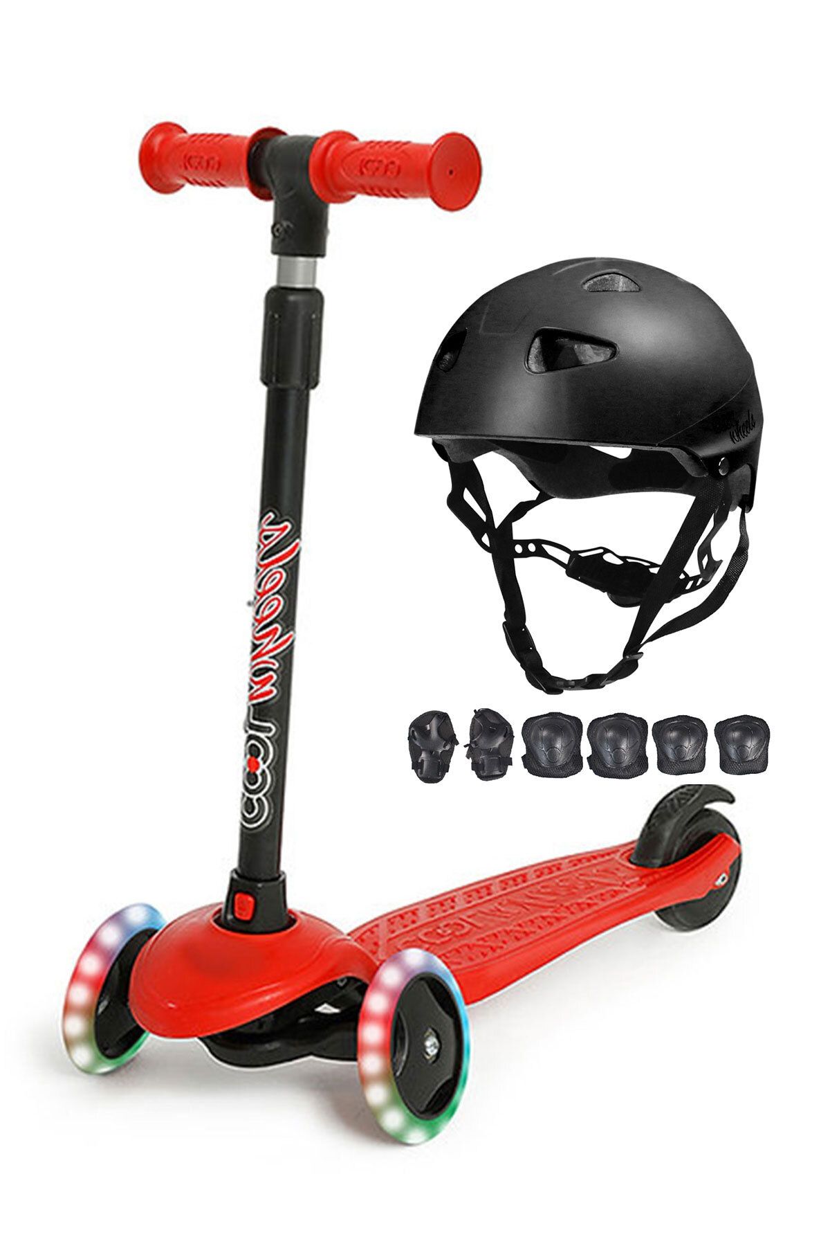 Cool Wheels Star Işıklı Scooter Kırmızı ,Siyah Kask Dizlik Dirseklik Setli 3-6 Yaş