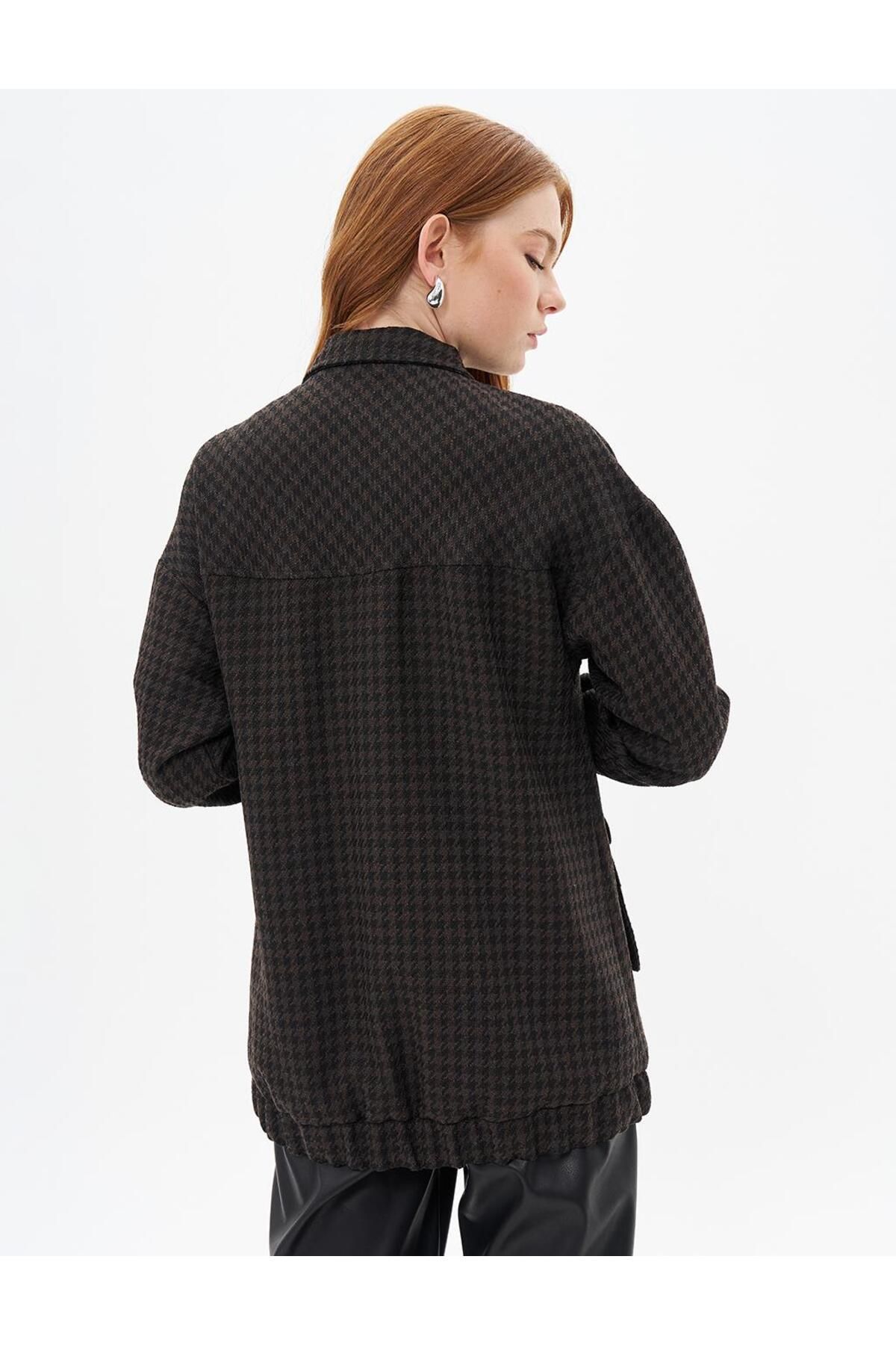 Kayra-Houndstooth Patterned Jacket with Bag Pockets - Dark Brown 4