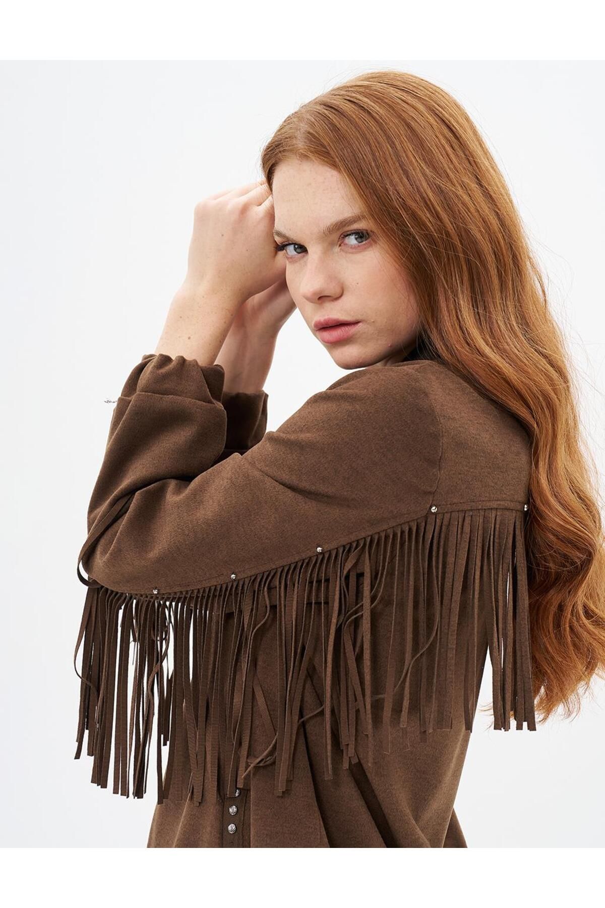 Kayra-Suede Jacket with Tassel Detail on the Back Brown 1