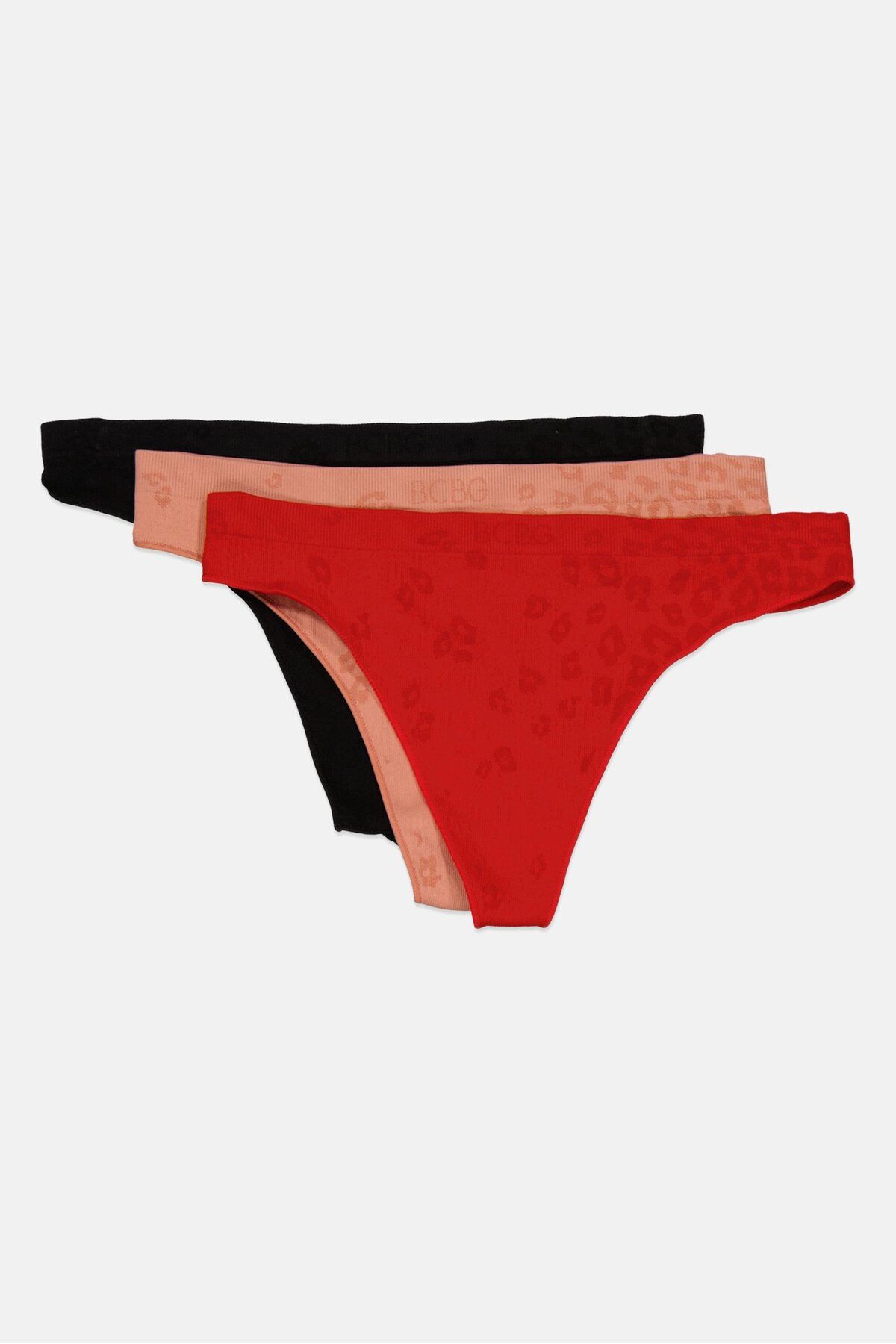 Bcbgeneration-Women 3 Pack Ribbed Pull-On Thong Panties, Red/Black/Brown 3