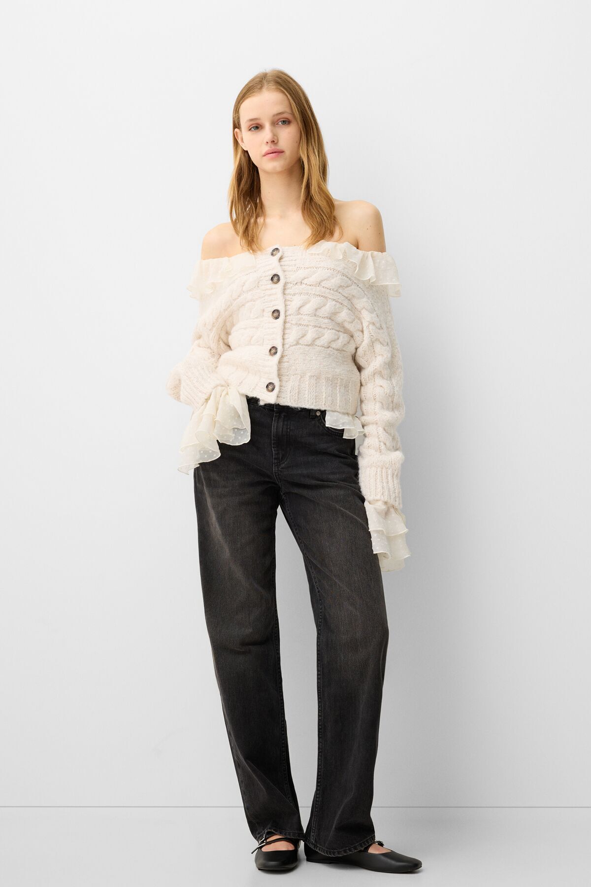 Bershka-Button Open Shoulder Hair Knitted Cardigan 5