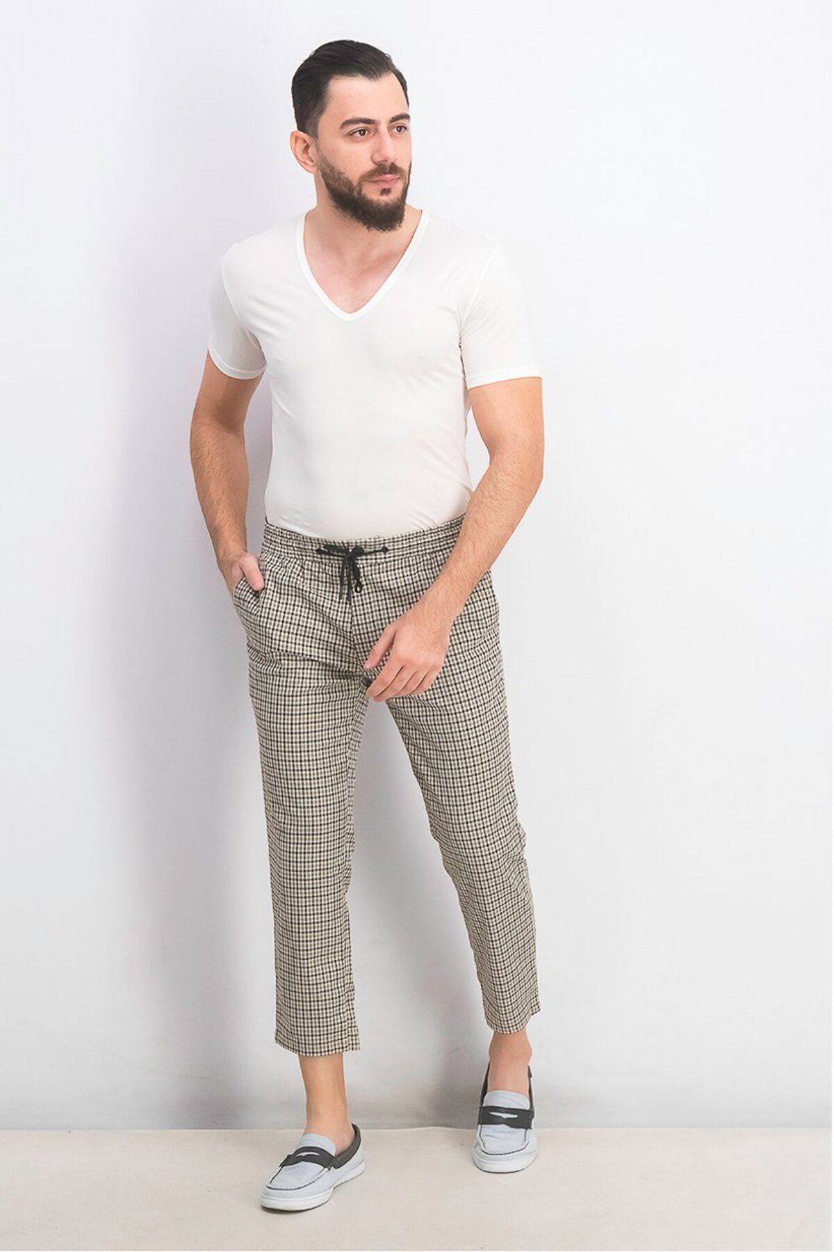 TopMan-Men Regular Fit Houndstooth Printed Drawstring Pant, Stone 4