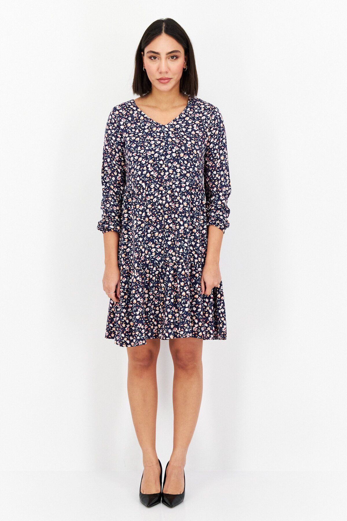 MEXX-Women Floral Print Casual Mini Dress, Navy 2