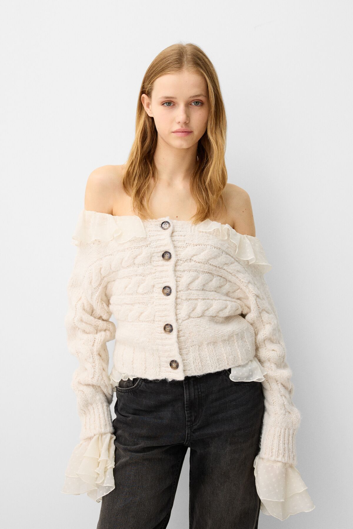 Bershka-Button Open Shoulder Hair Knitted Cardigan 1