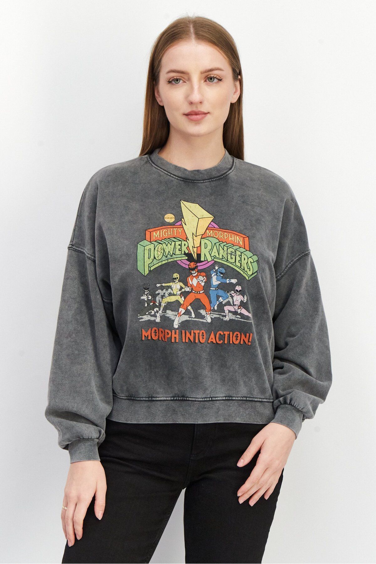 POWER RANGERS-Women Round Neck Graphic Print Sweatshirt, Grey 1