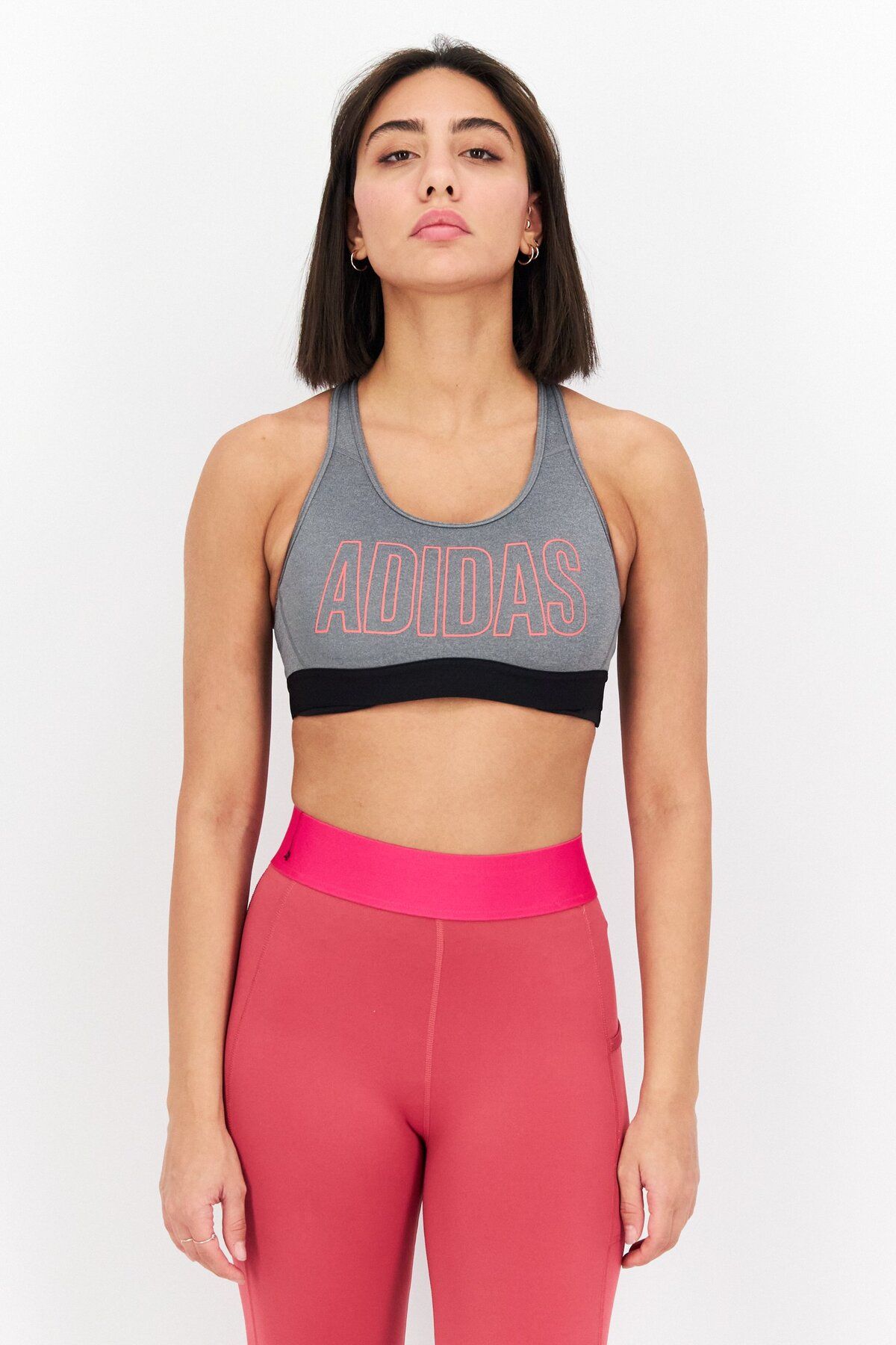 adidas-Women Sportswear Fit Brand Logo Padded Sports Bra, Grey 1