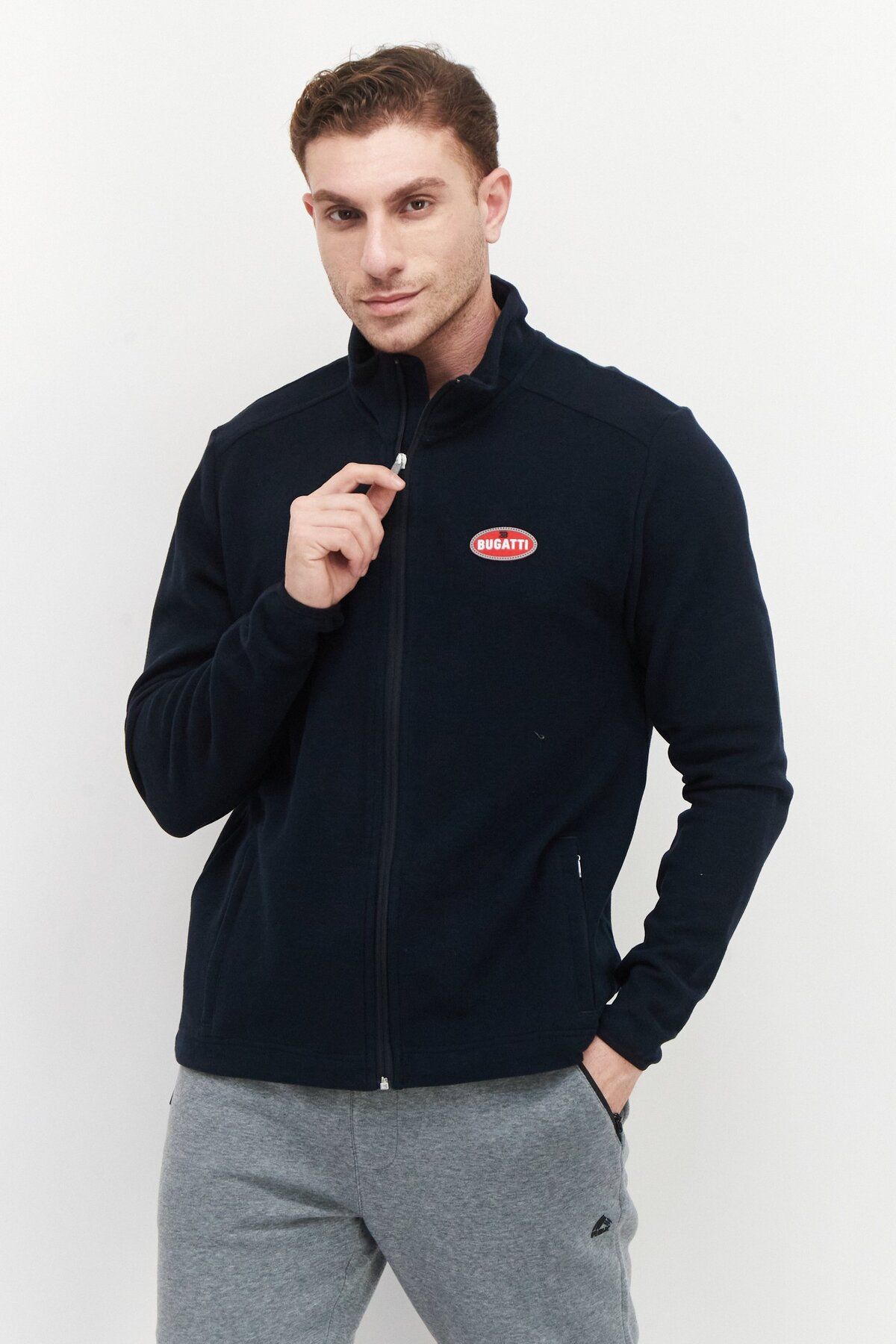 BUGATTI-Men High Neck Tetxured Full Zip Sweater, Navy 1