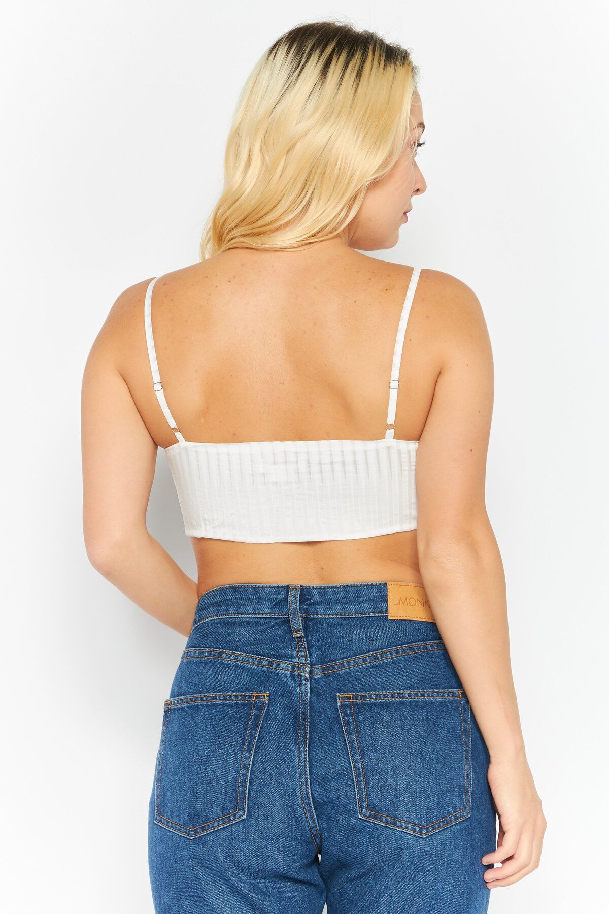 URBAN THREADS-Women Tie Neck Sleeveless Striped Crop Top, White 4