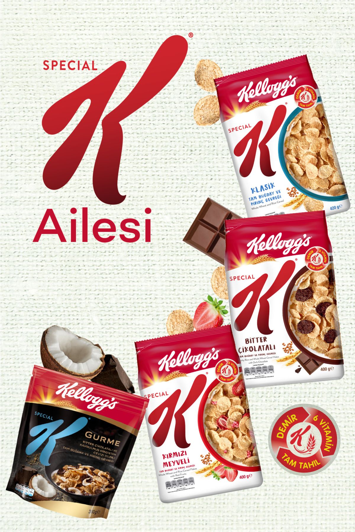 Kellogg's 4lü Special K Paketi,çikolatalı,kırmızı Meyveli,gurme Ve Sade Kahvaltılık Gevrek