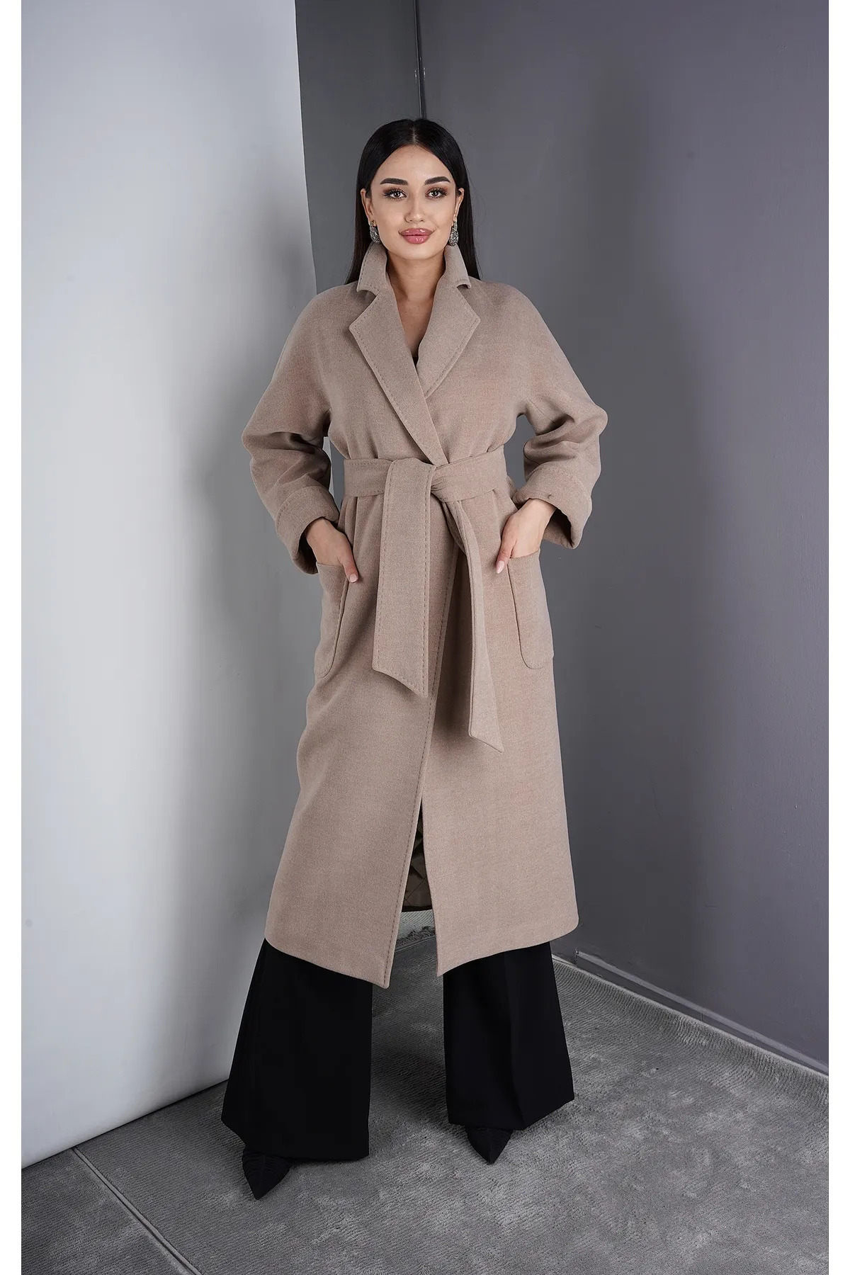 Eccim Fashion  Kruvaze Yaka Kemerli Uzun Kaşmir Kadın Palto Kaban - Görsel 5