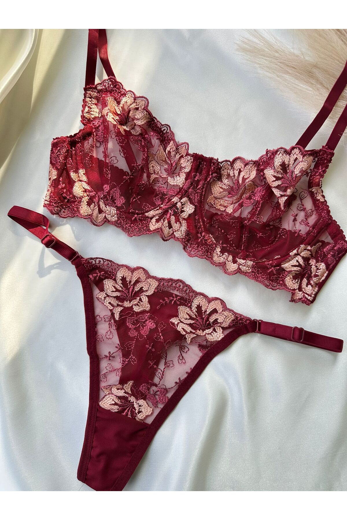 dem merys  Bordo Çiçekli Balenli Sütyen Takımı - Görsel 4