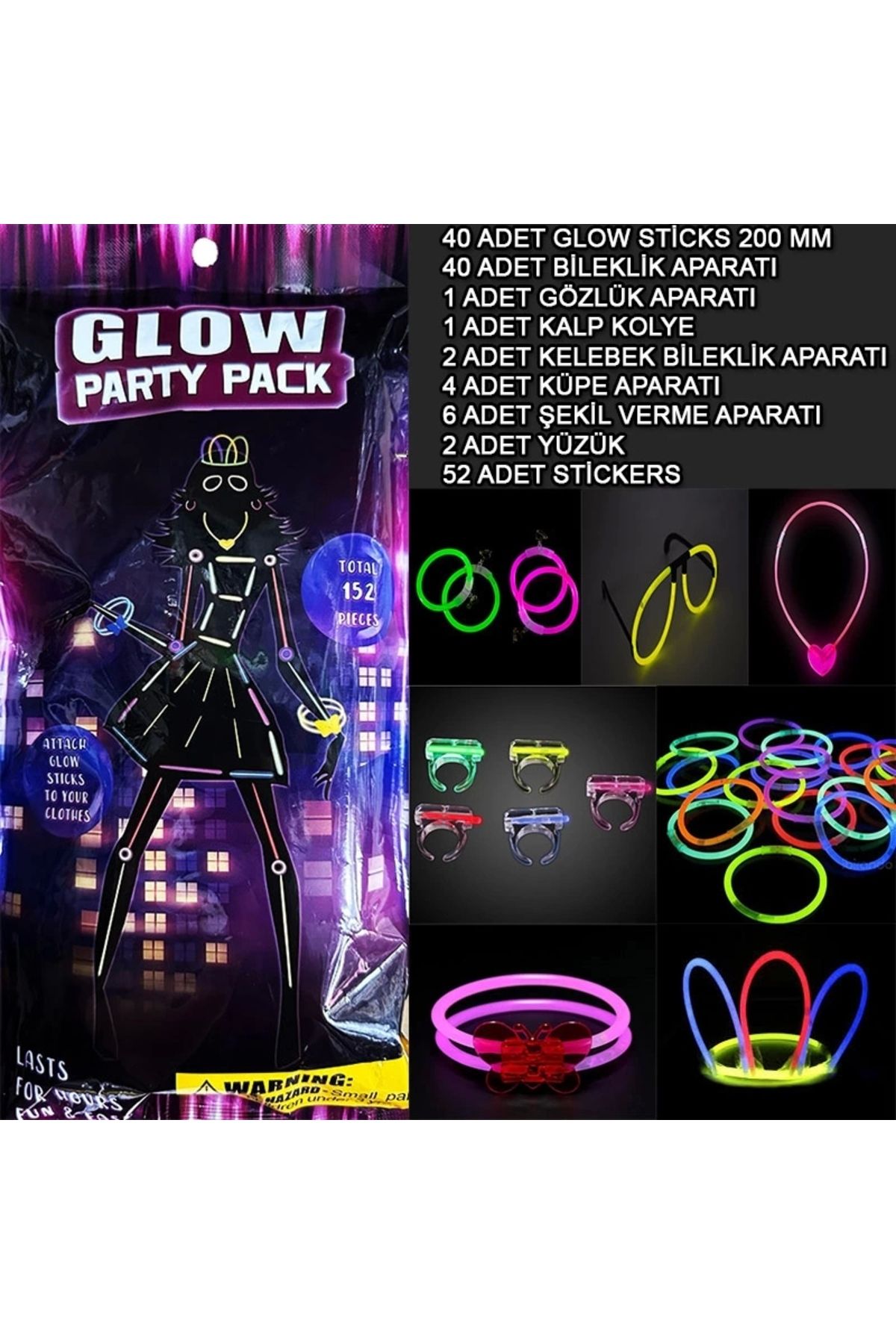 SYNOPE Çocuk Glow Parti Seti 152 Parçalık Lüks Glow Stick Kostüm Seti