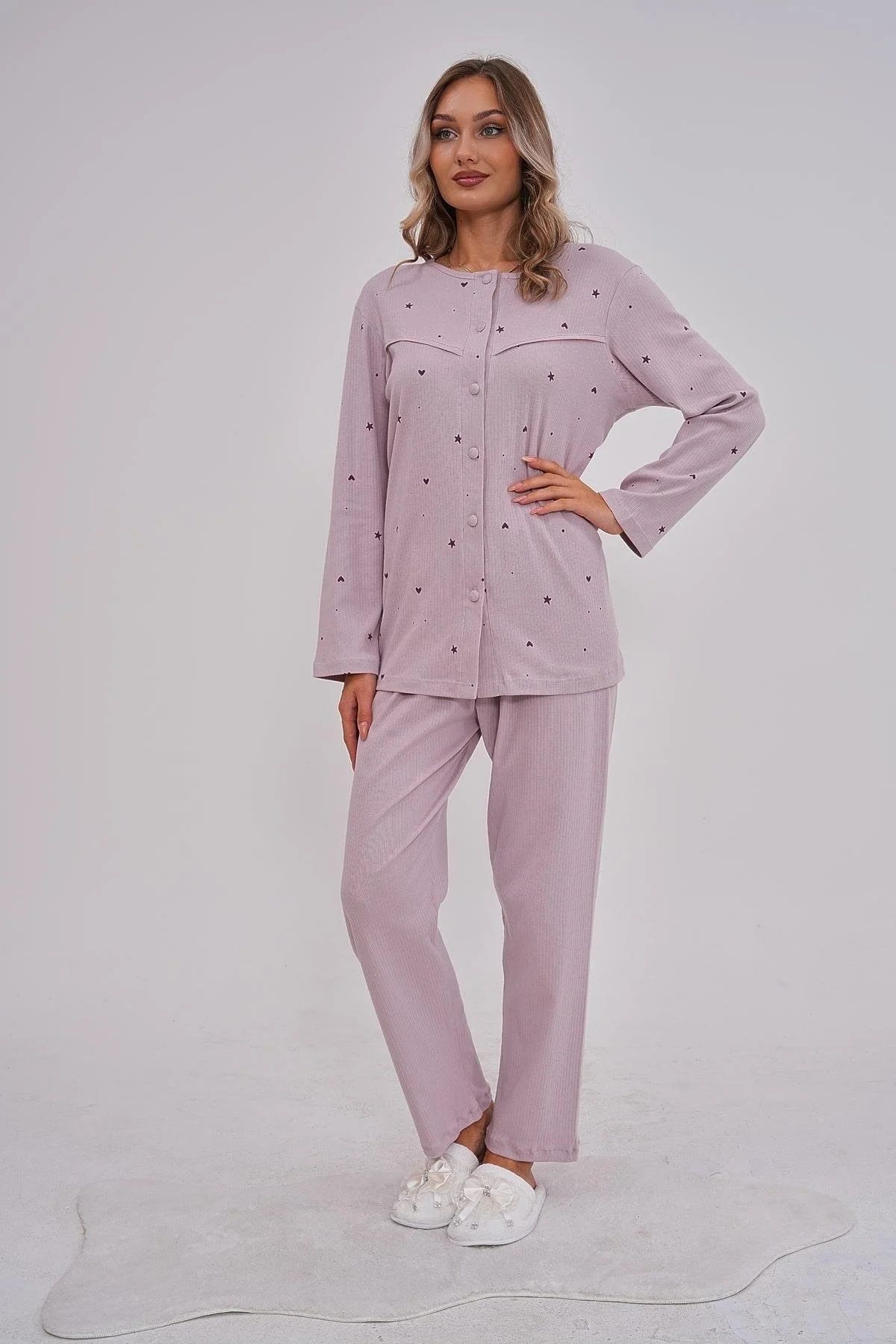 Mecit Pijama-Long Sleeve 100% Cotton Length Buttoned Print Oversize Women's Pajamas Set 2