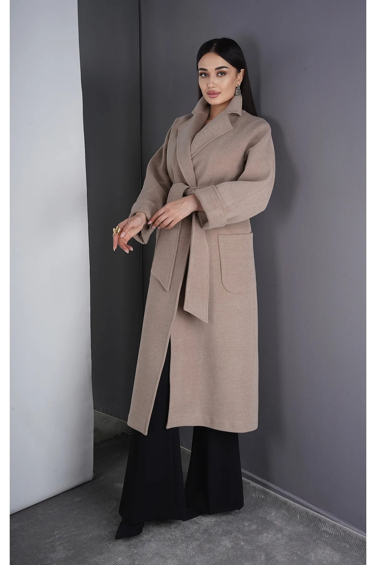 Eccim Fashion  Kruvaze Yaka Kemerli Uzun Kaşmir Kadın Palto Kaban - Görsel 4