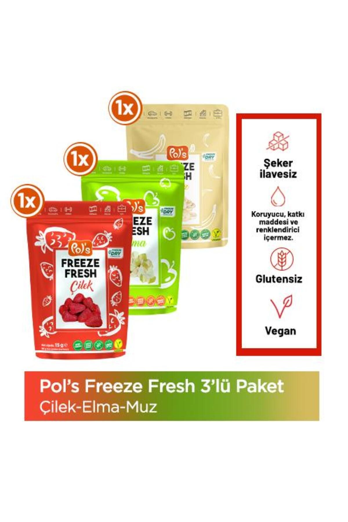 Pol’s Freeze Fresh Çilek 15 G X 1 Adet, Elma 15 G X 1 Adet, Muz 20 G X 1 Adet Freeze Dry Dondurulara