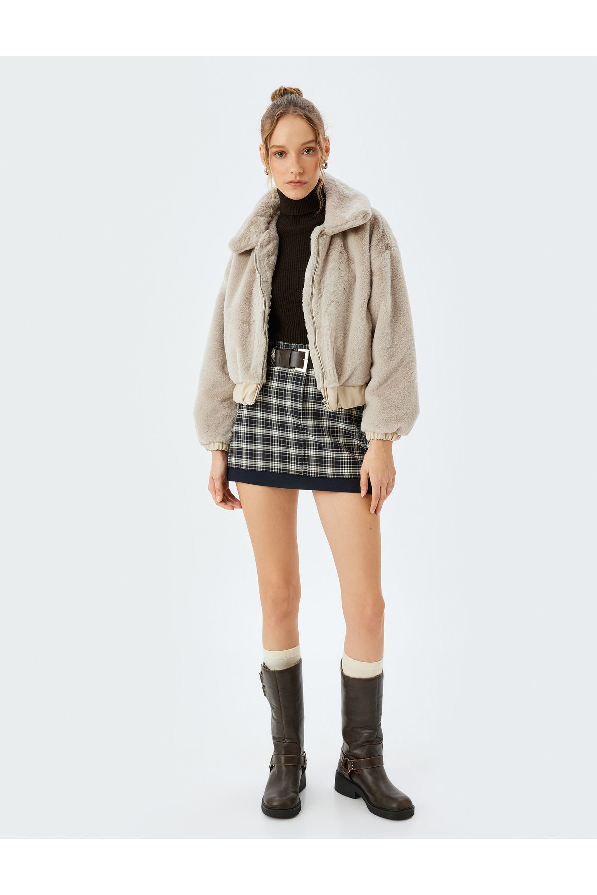 Koton-Faux Fur Jacket with Stand Collar Zippered Pocket Detail 2