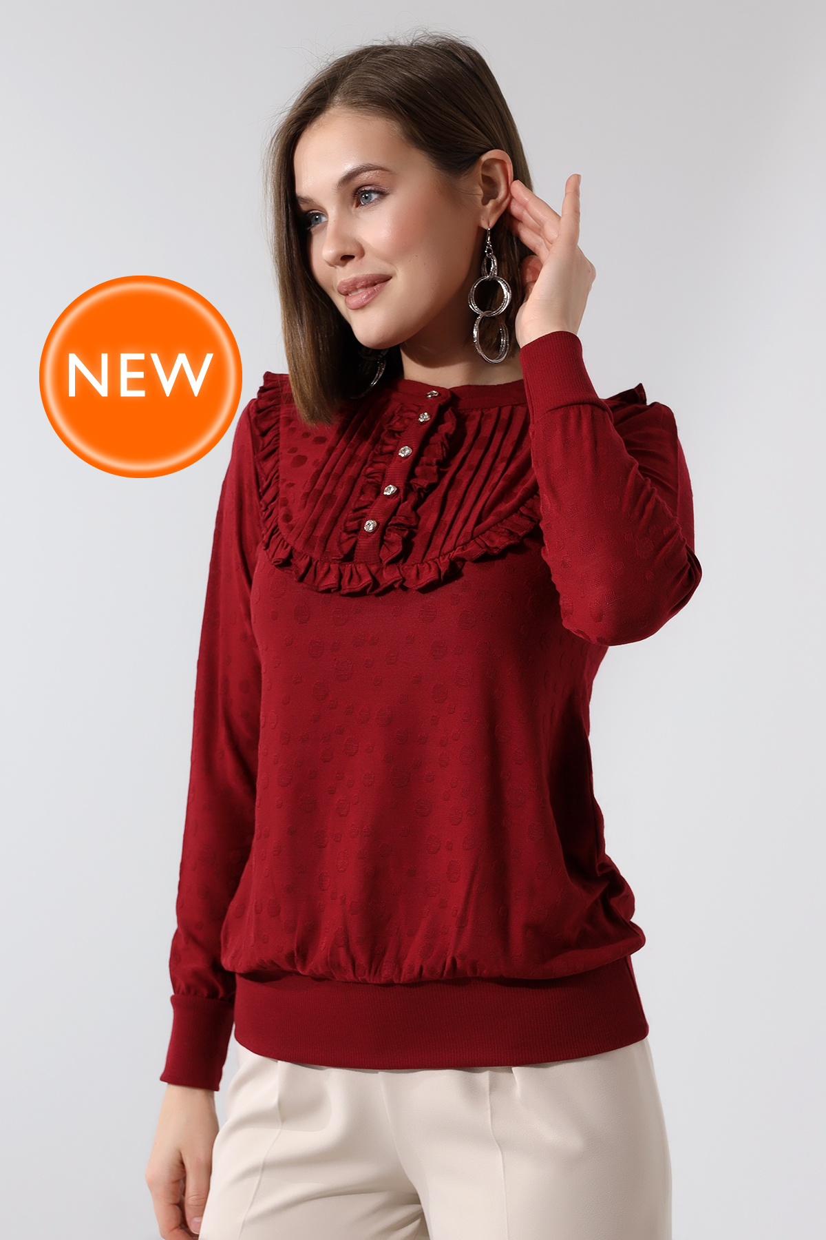 Negro Kadın Hakim Yaka Fırfır Detay Nervürlü Düğmeli Örme Jakar Penye Uzunkol Bluz & Tesettür Bluz