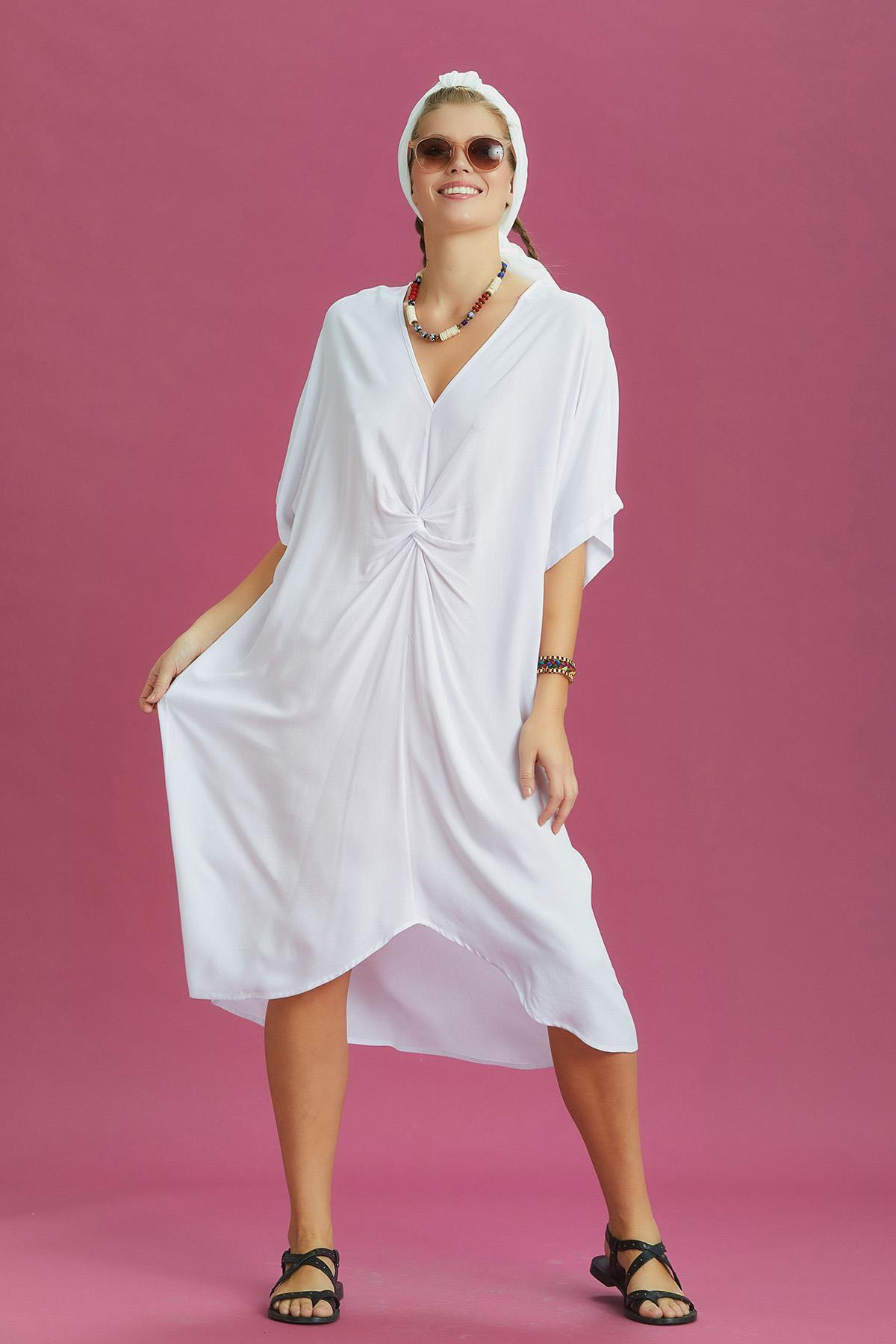 Los banditos-V-Neck Front Knotted White Bat Sleeve Dress 1