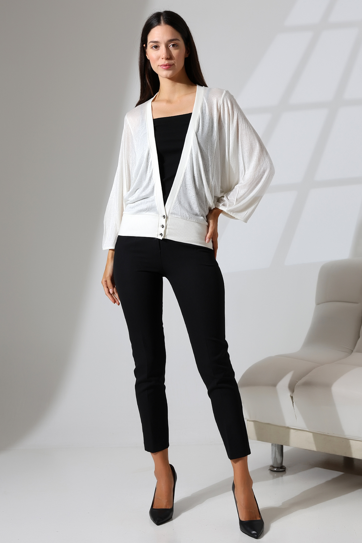 Şiir  Janerio Kadın Ajurlu Rahat Kalıp Penye Geniş Balon Kol 3 Düğmeli Hırka & Penye Hırka - Ekru - Görsel 3