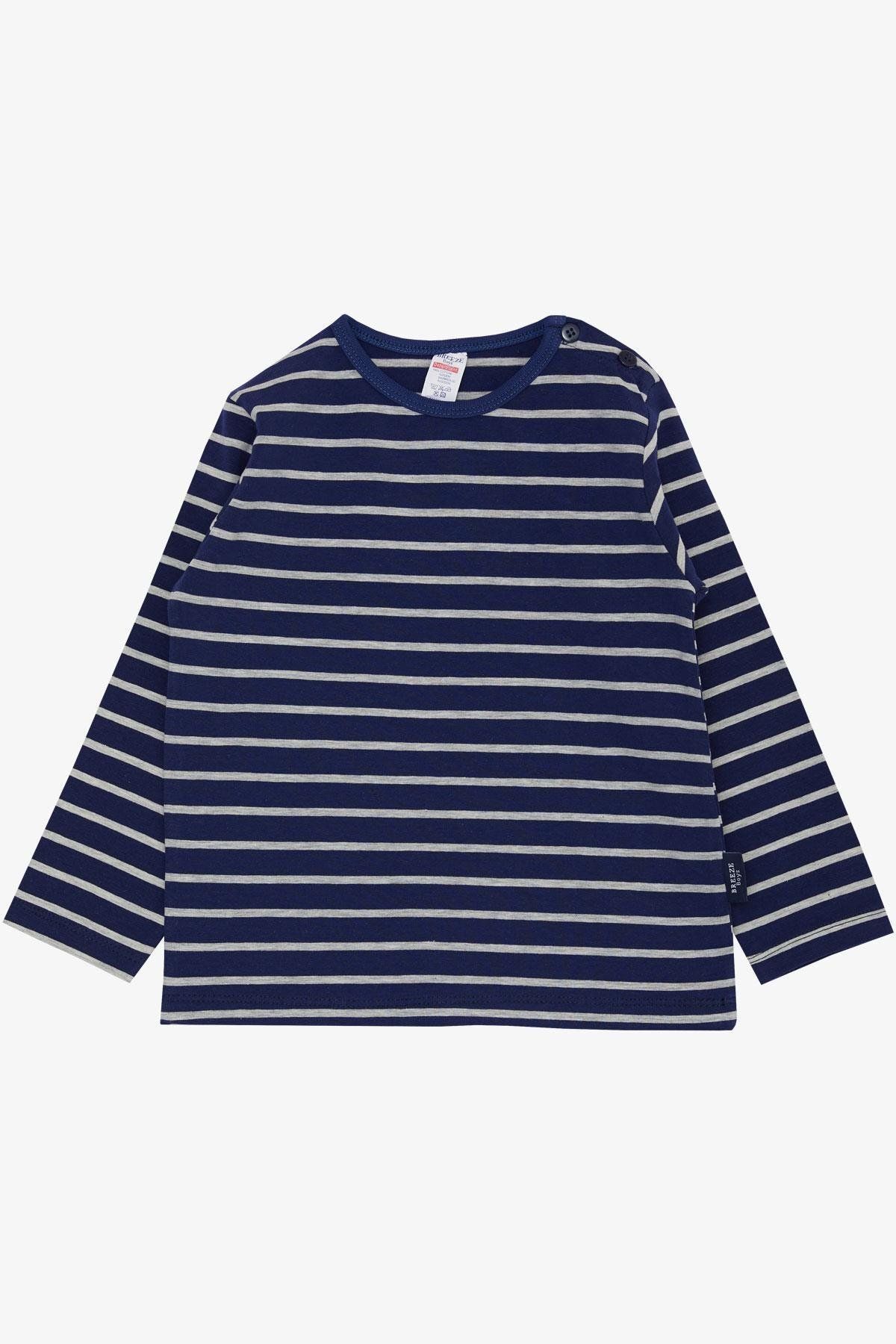 Breeze-Baby Boy Long Sleeve T-Shirt Placket Striped 9 Months-3 Years, Navy Blue 1