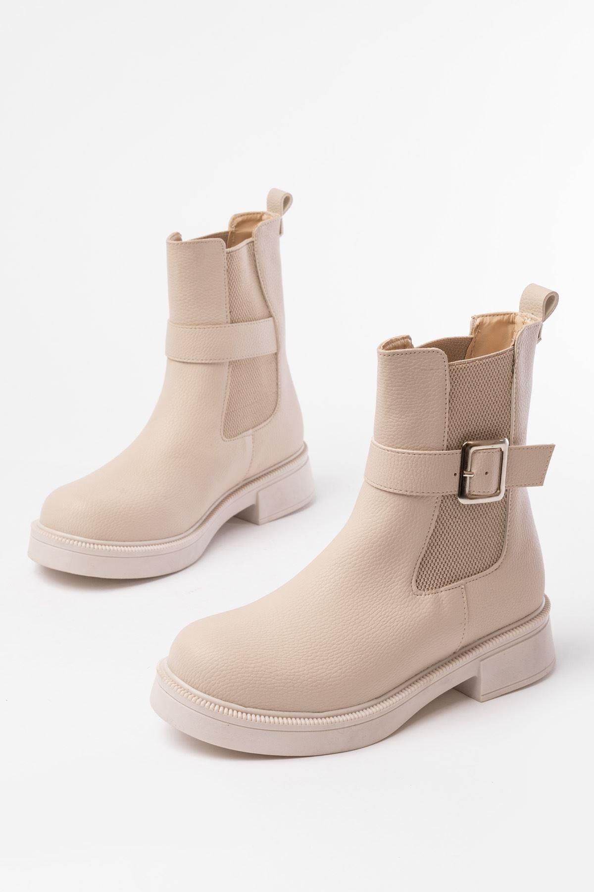 Aymood-02-2004 Beige Elastic Daily Women's Boots with Buckle Accessories 3