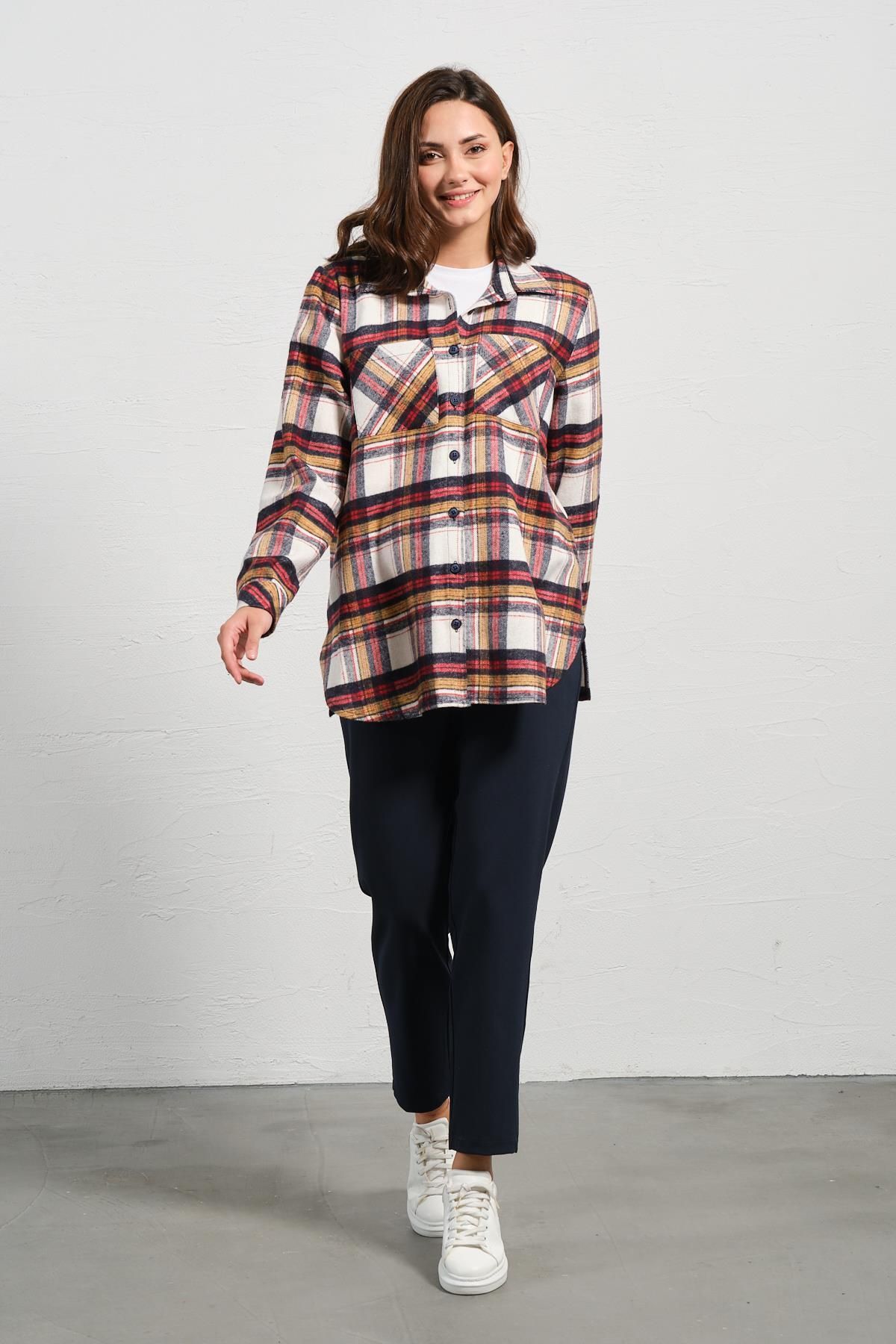 BUSA-Ecru Colored Maternity Lumberjack Shirt - Long Sleeve, Front Pocket 5