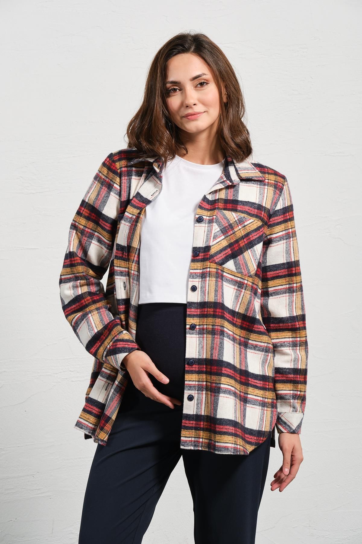 BUSA-Ecru Colored Maternity Lumberjack Shirt - Long Sleeve, Front Pocket 2