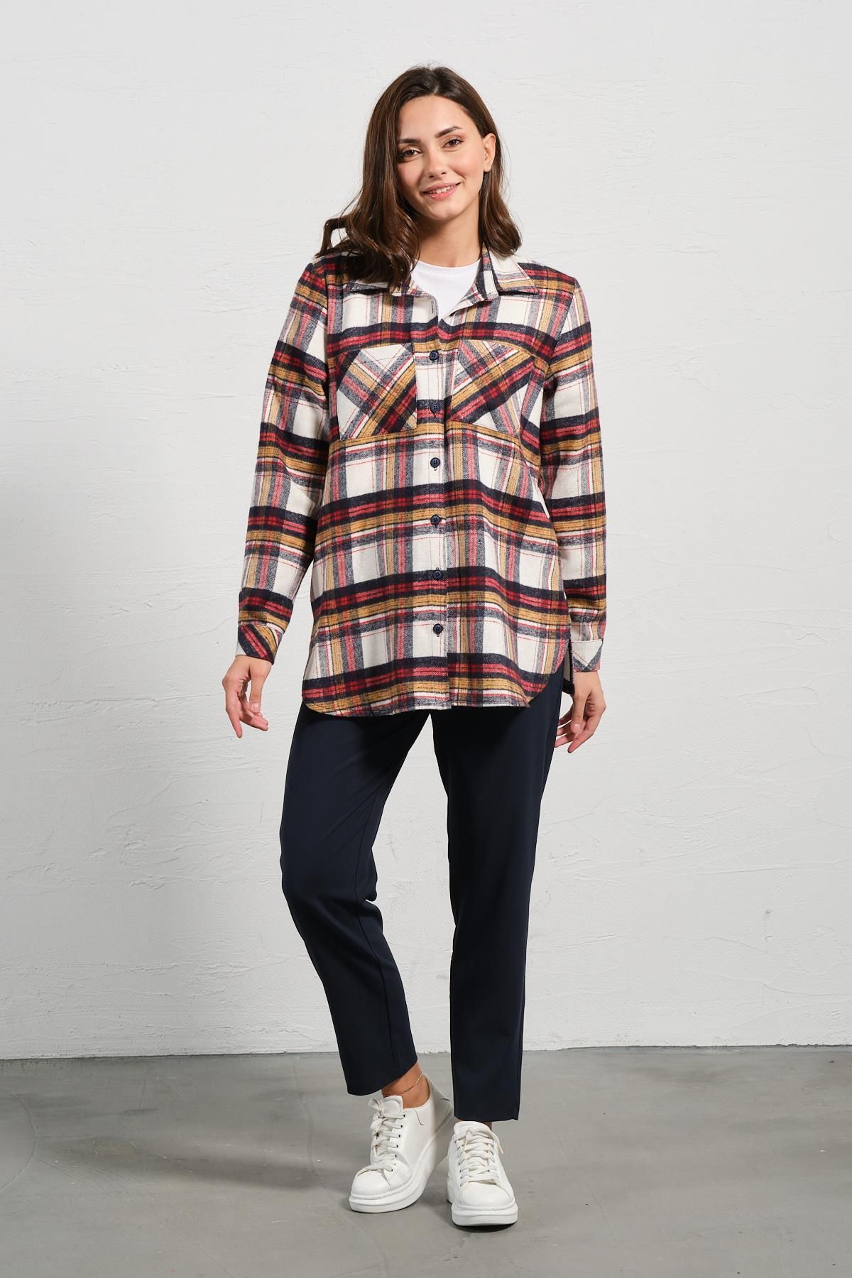 BUSA-Ecru Colored Maternity Lumberjack Shirt - Long Sleeve, Front Pocket 3