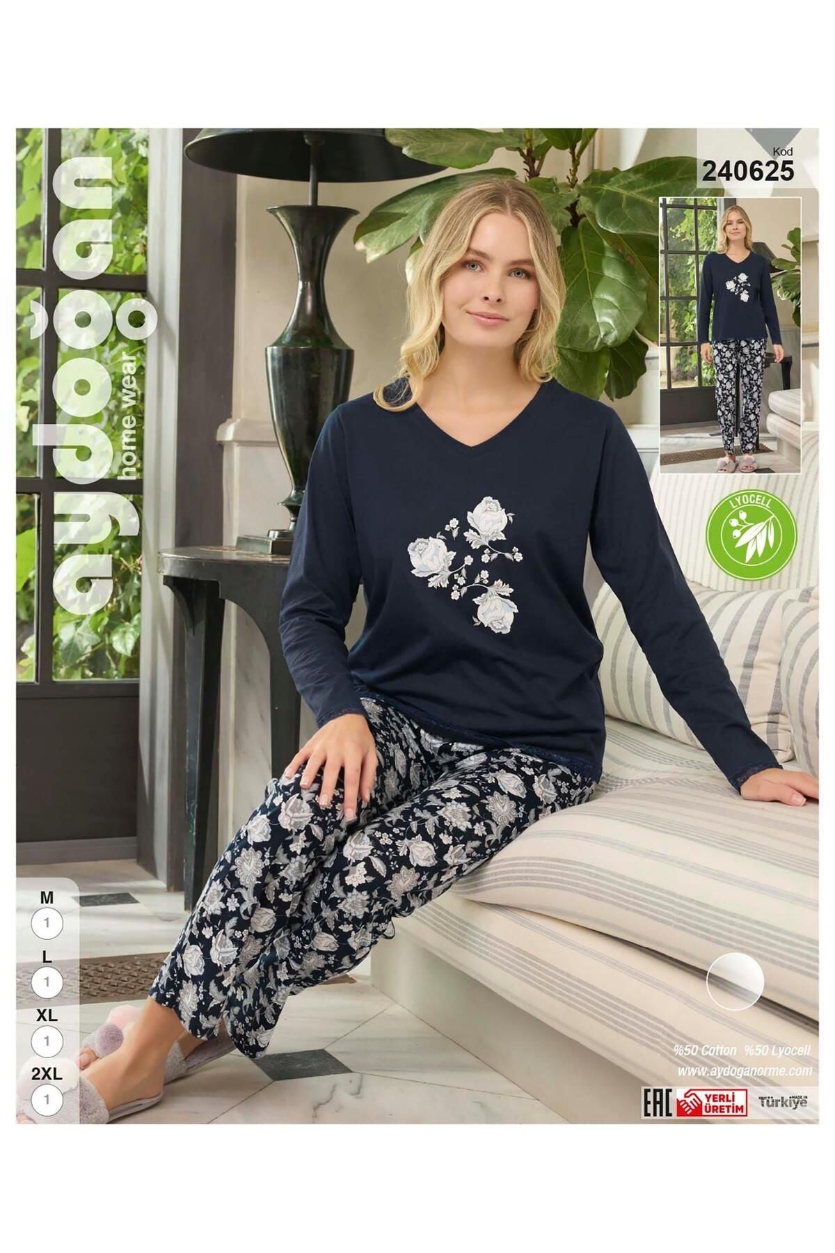 Aydoğan-240625   Women's Navy Blue Long Sleeve Pajama Set 1