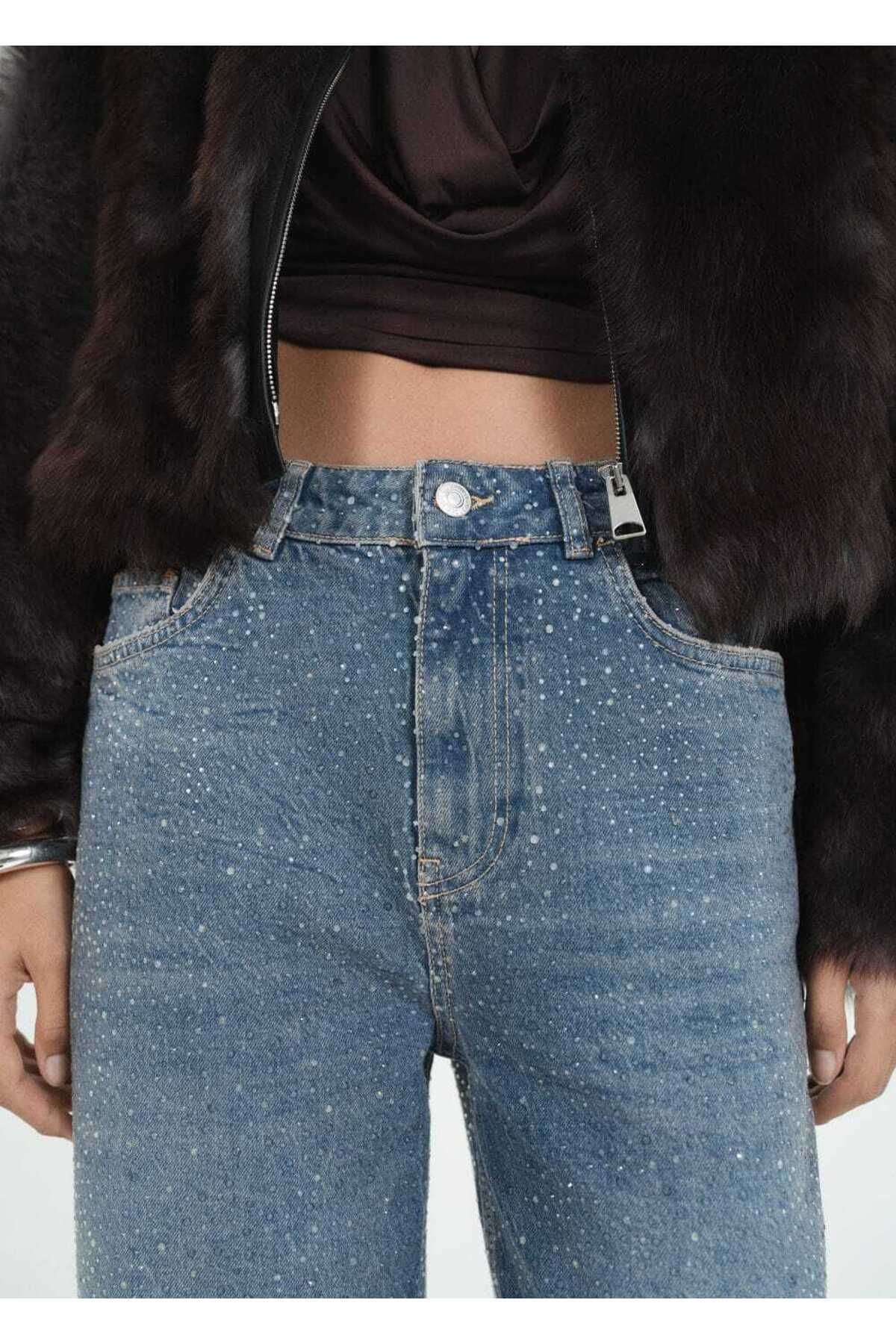MANGO Woman-Pantaloni drepti din denim strass 7