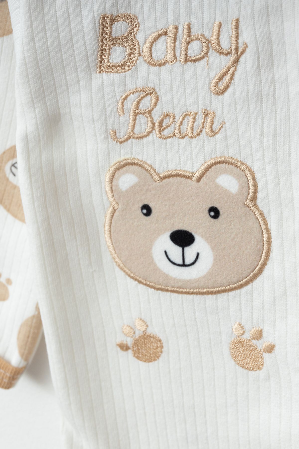 Lindakids Sevimli Ayıcık Desenli % 100 Pamuk Fitilli Kumaş 3'lü Yenidoğan Bebek Hastane Çıkışı Zıbın Seti fotoğrafı 2 (önizleme)