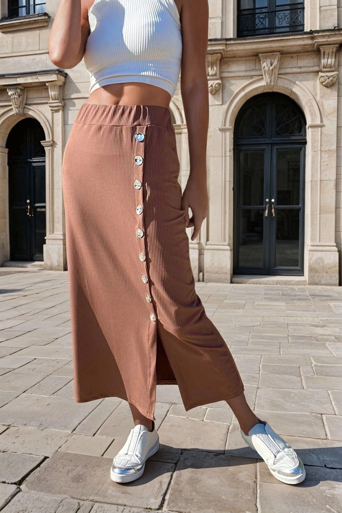 NEW LAVİVA-Brown, Elastic Waist, Button Detail, Midi Skirt 1