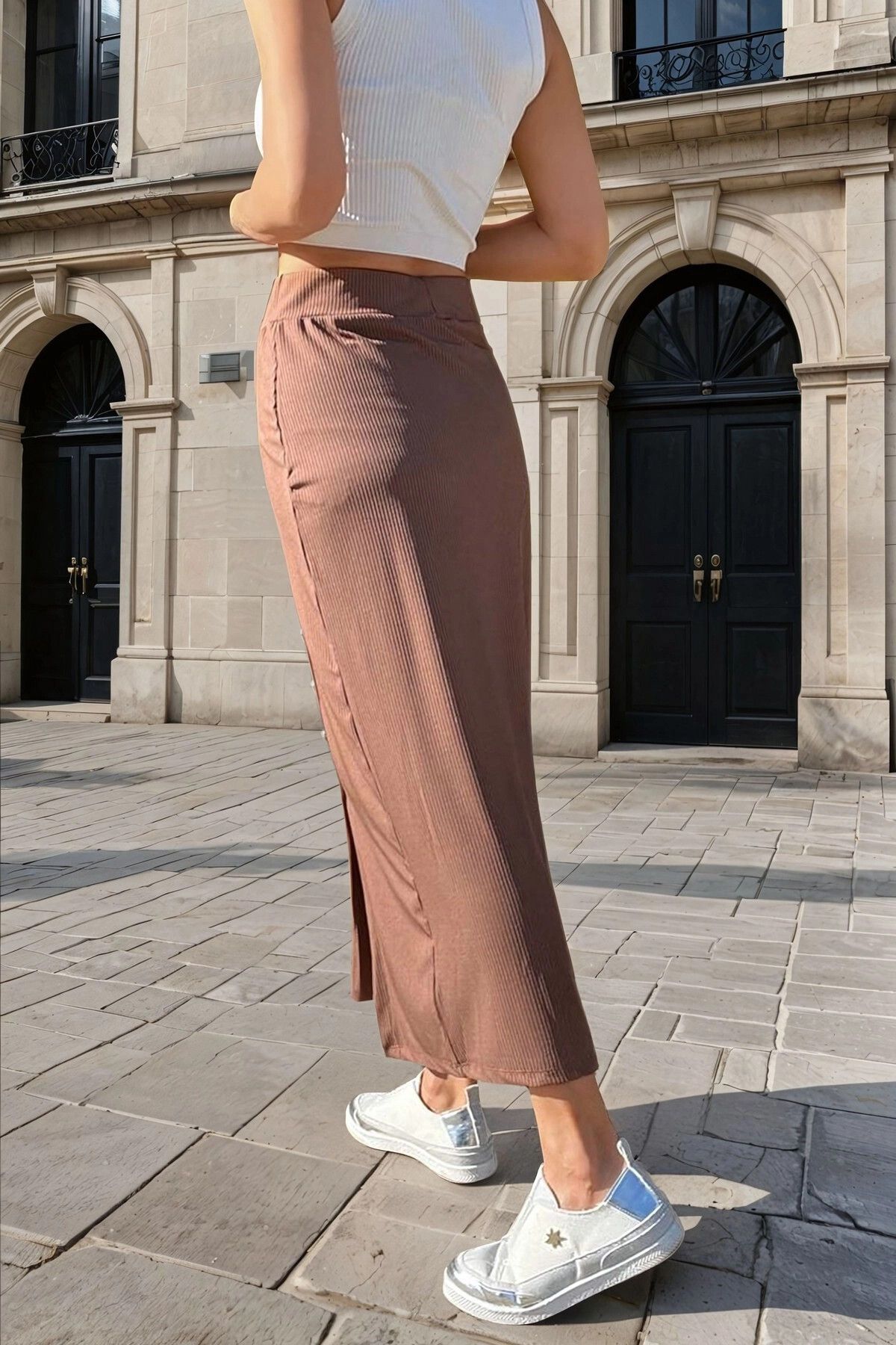 NEW LAVİVA-Brown, Elastic Waist, Button Detail, Midi Skirt 2