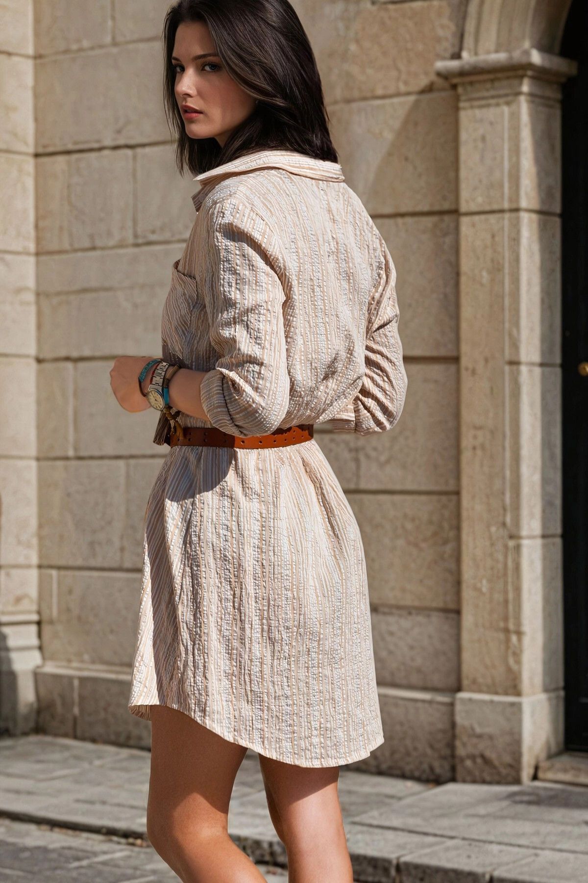 NEW LAVİVA-Beige Shirt Collar, Textured, Pocket Detail, Mini Shirt Dress 2