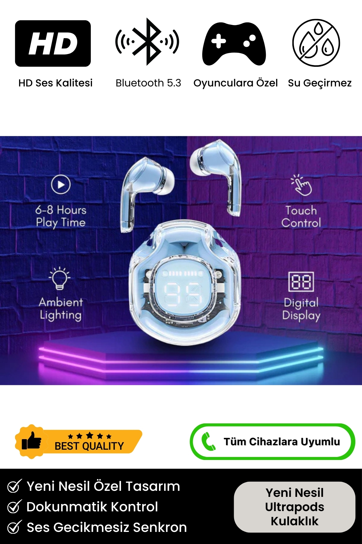 Yeni Nesil Ultrapods Pro 8D Stereo Ses Powerbanklı Ios Android Uyumlu Gaming Bluetooth 5.3 Kulaklık