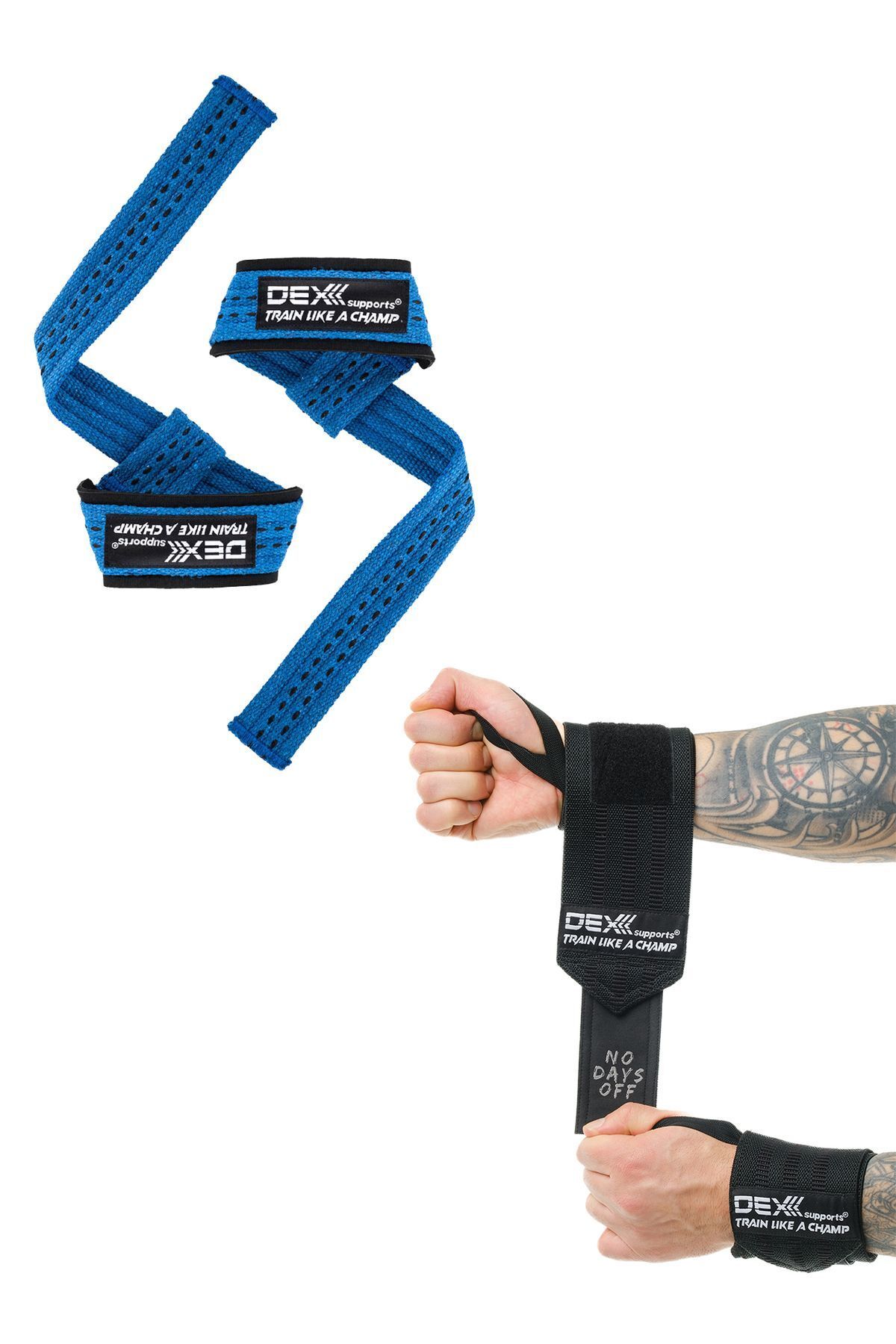 Elioure Halter Kayışı Lifting Straps Mavi + Wrist Wraps Spor Bileklik Siyah 2'Li Set