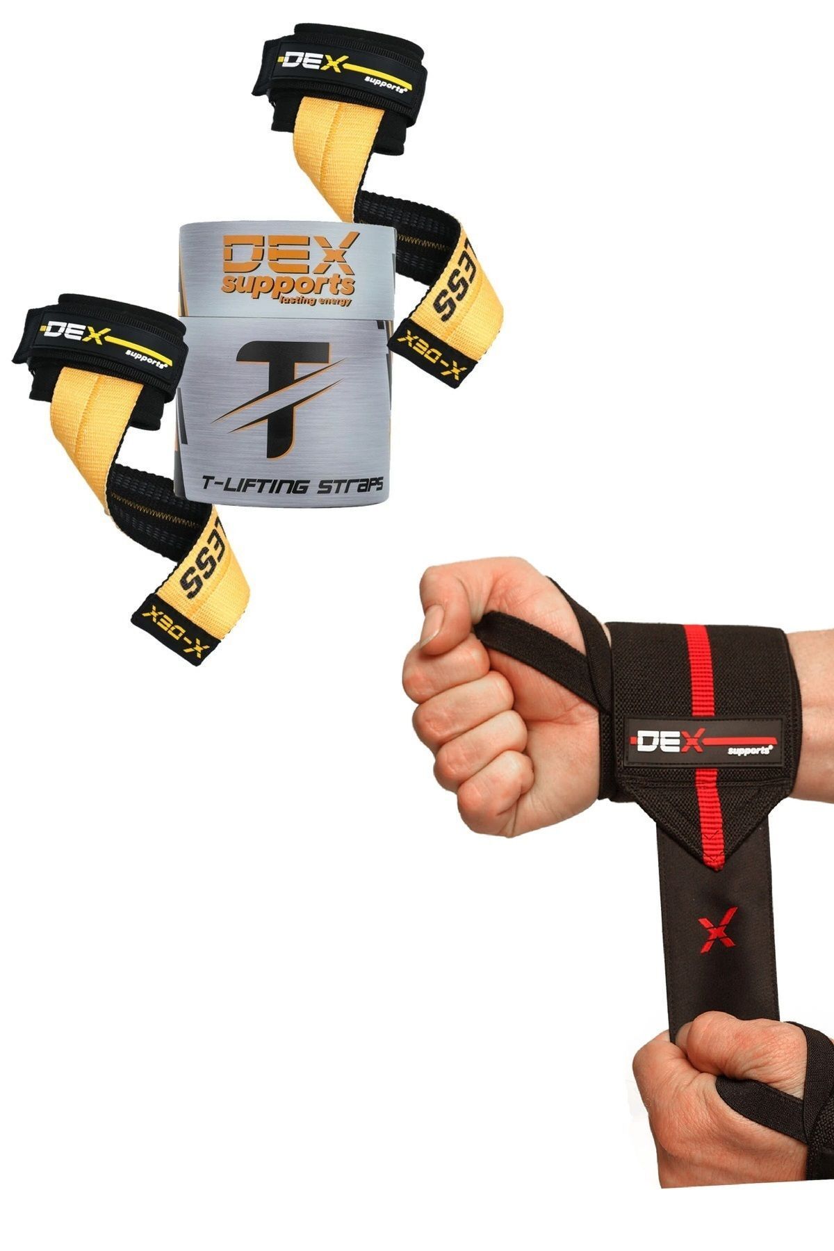 Elioure Fitness Sporcu Bilekliği Wrist Wraps Elite+Ağırlık Kaldırma Kayışı T-Grips Lifting Straps 2'li Paket