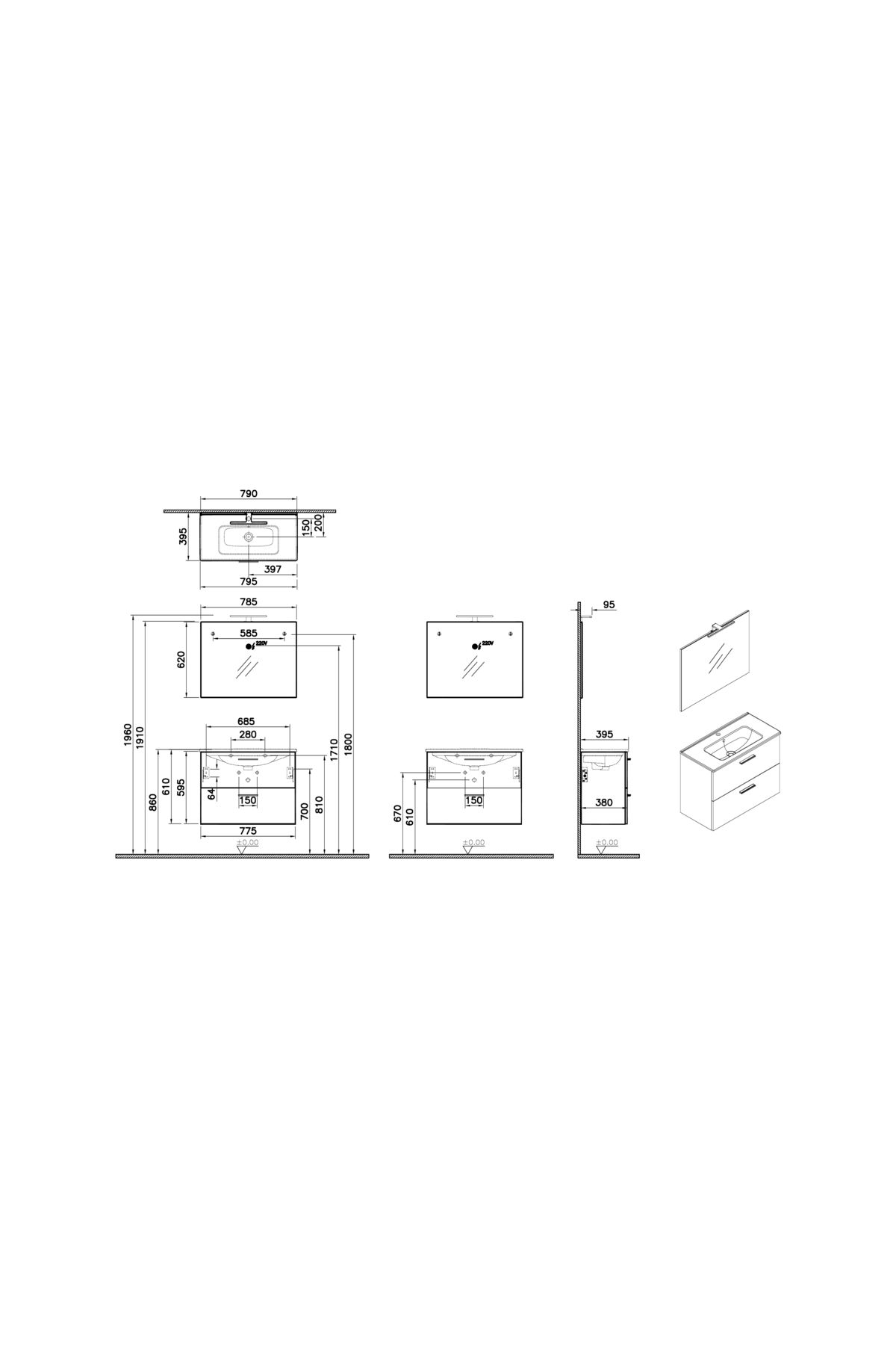 VitrA-Mia 75101 - 80 cm Cordoba Bathroom Cabinet Set with Drawers 7