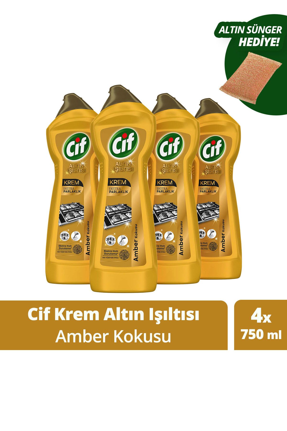 Cif Krem Altın Işıltısı Yüzey Temizleyici Amber Kokulu 750 ml X4 Altın Rengi Sünger Hediye