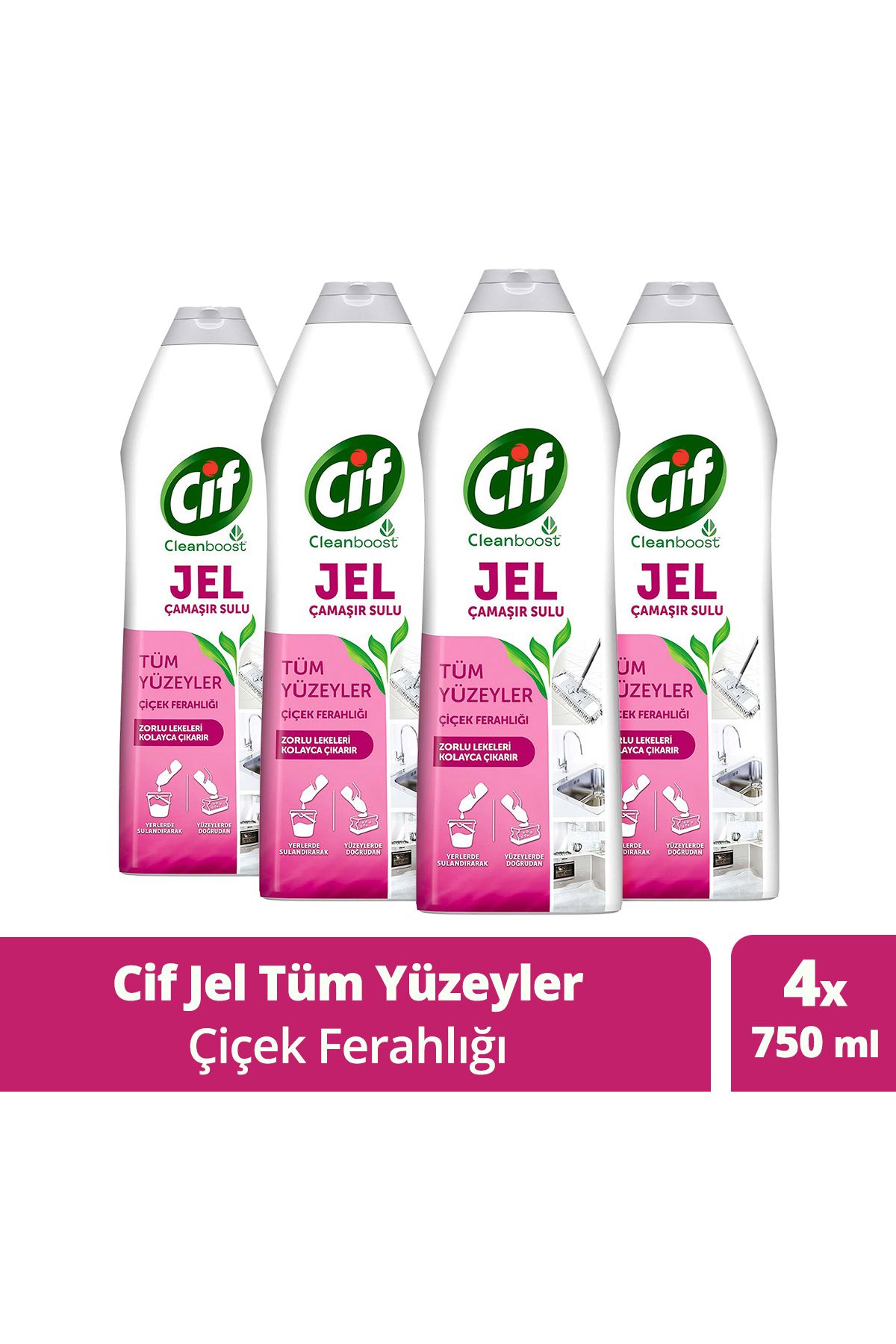 Cif Jel Tüm Yüzeyler Çiçek Ferahlığı Yüzey Temizleyici Çamaşır Suyu Katkılı 750 ml X4