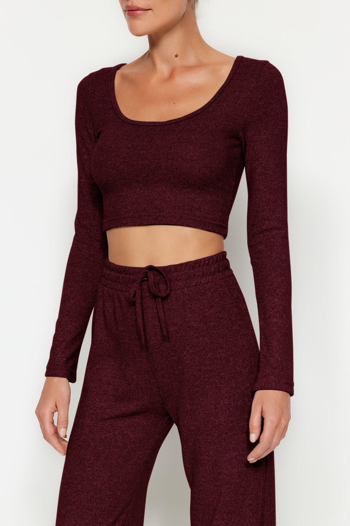 Trendyolmilla  Bordo Yumoş Crop ve Wide Leg/Geniş Paça Örme Alt Üst Takım TWOAW23AU00125 - Görsel 5