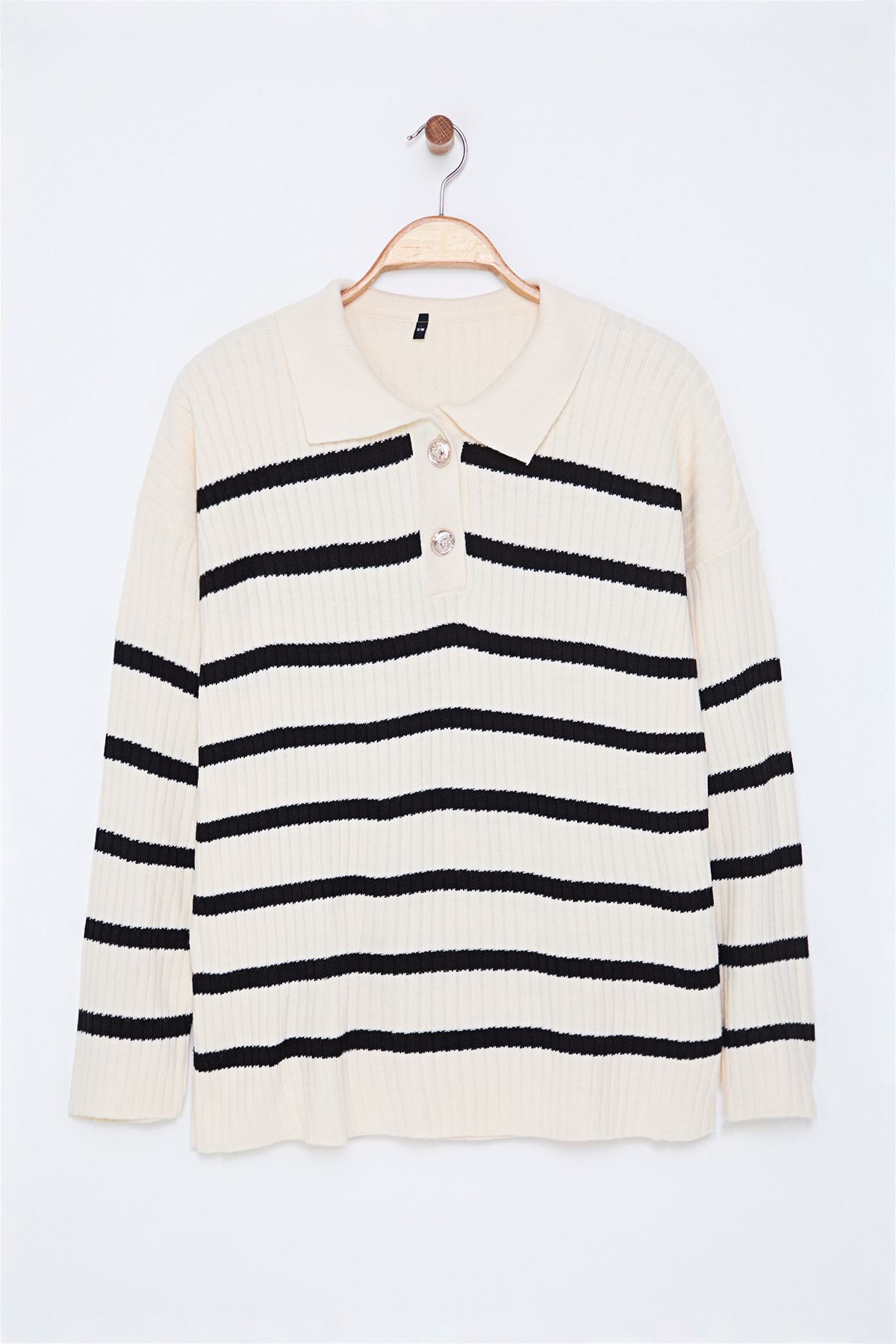 Edit by Trendyol-Ecru Striped Polo Collar Knitwear Sweater Tedaw25Kz00045 5